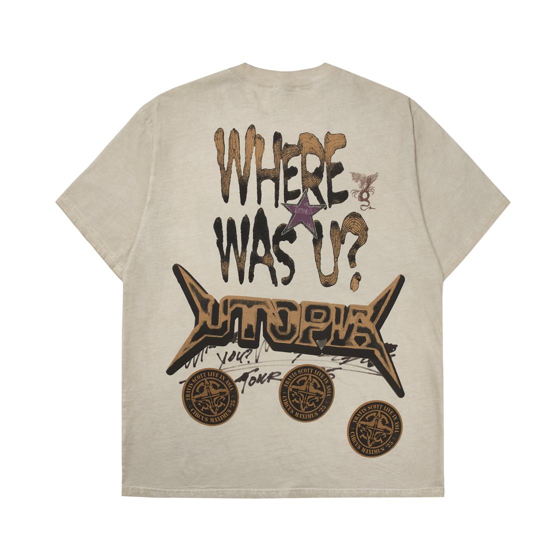 트래비스 스캇 키르쿠스 막시무스 스타디움 투어 25 웨어 워즈 어스 티셔츠 더티 화이트(Travis Scott Circus Maximus Stadium Tour 25 Where Was Us T-Shirts Dirty White) - 2