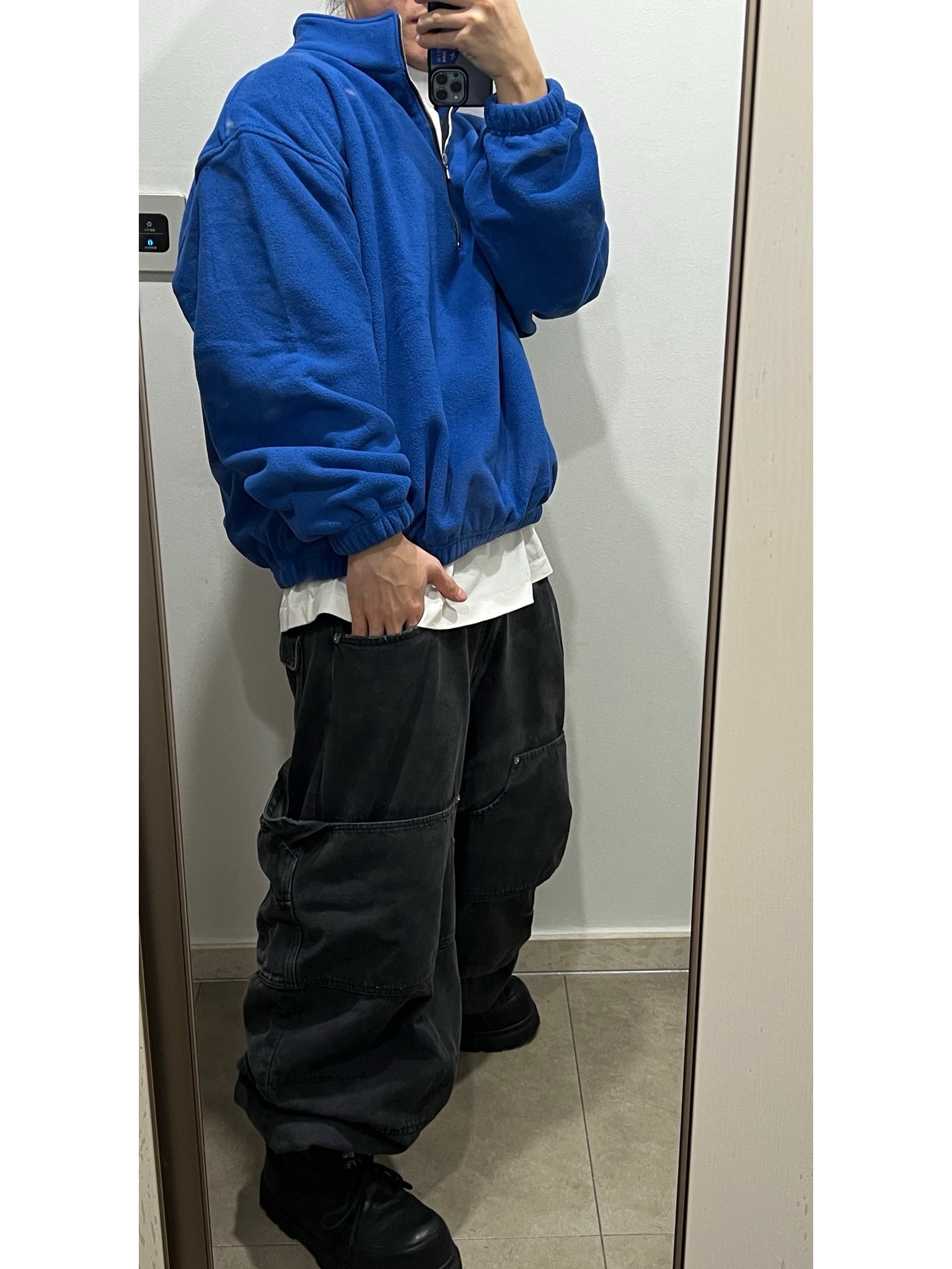 Nonnod Half Zip Fleece Blue, Nonnod Double Knee Cover Pants Vintage Black 착용 스타일 - 2