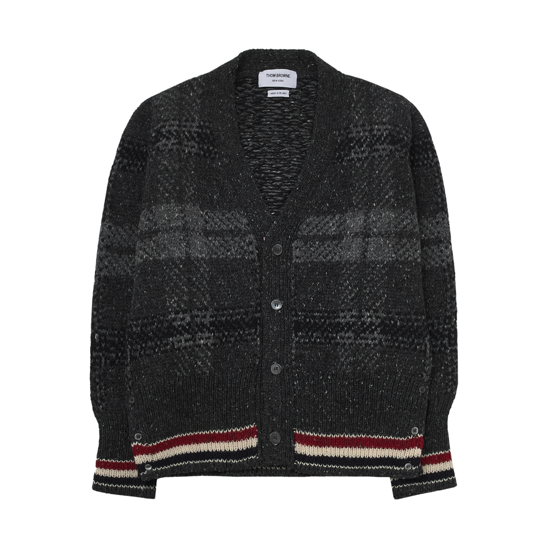 톰브라운 도네갈 타탄 스트라이프 브이넥 가디건 그레이(Thom Browne Donegal Tartan Stripe V-Neck Cardigan Grey)