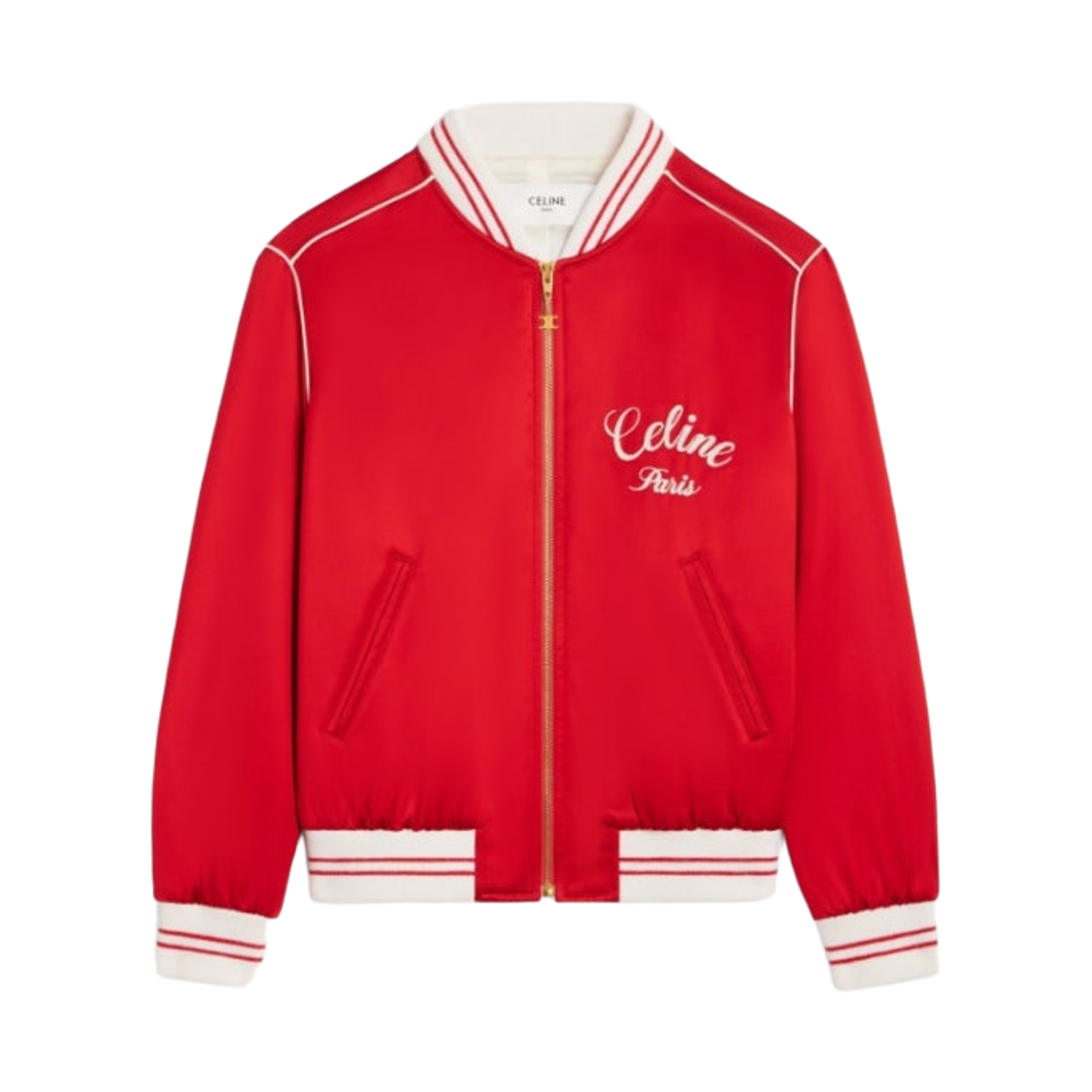(W) 셀린느 사틴 테디 바시티 자켓 레드((W) Celine Satin Teddy Varsity Jacket Red)