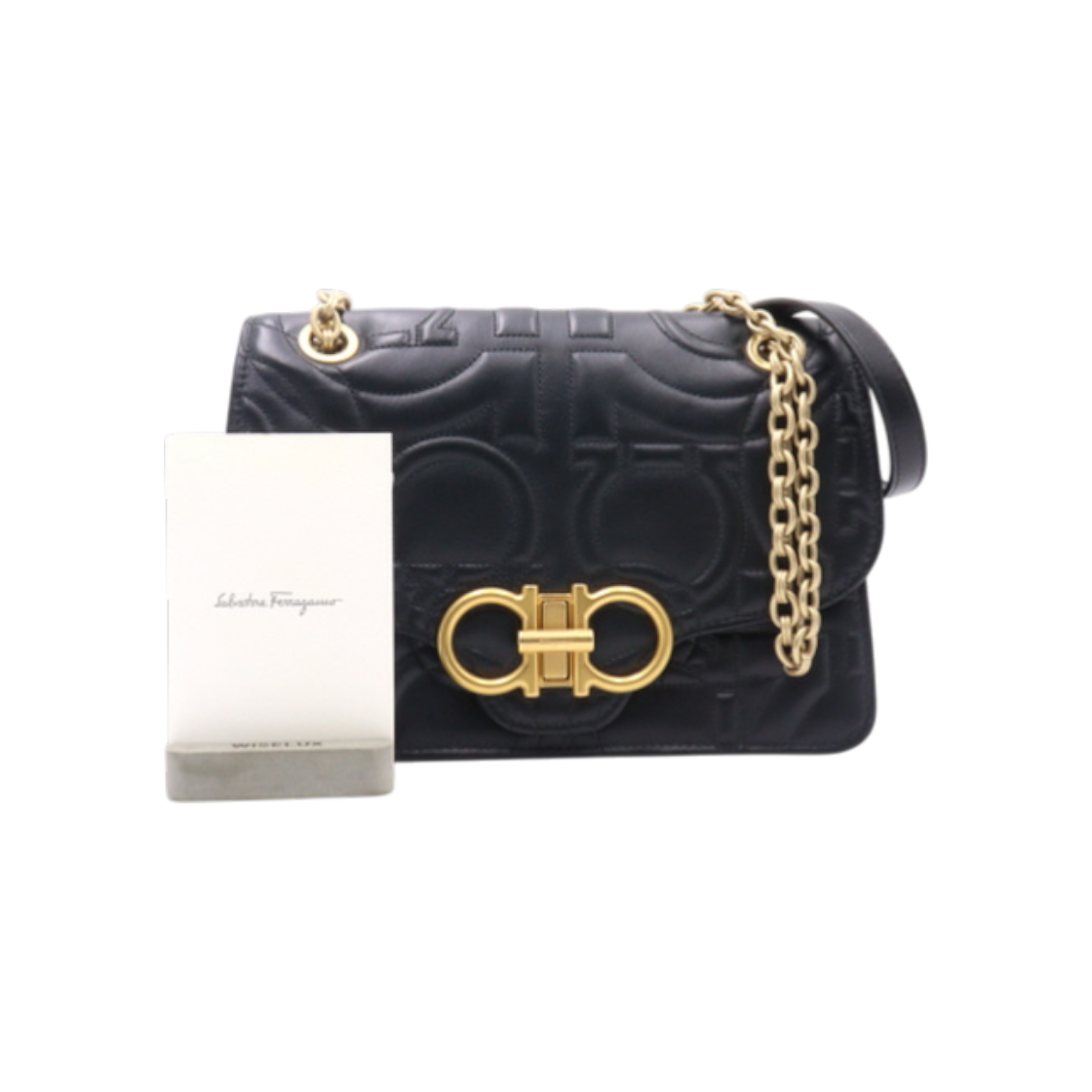 ITH2BPBN2WSD Salvatore Ferragamo 21 H168 Black Gancini Quilted Logo Gold Chain Shoulder and Crossbody Bag AA28804