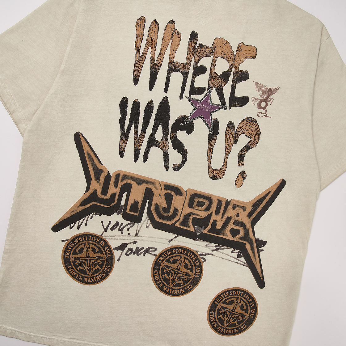 트래비스 스캇 키르쿠스 막시무스 스타디움 투어 25 웨어 워즈 어스 티셔츠 더티 화이트(Travis Scott Circus Maximus Stadium Tour 25 Where Was Us T-Shirts Dirty White) - 4