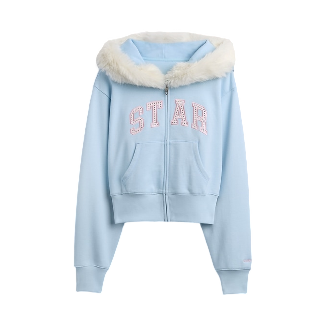 (W) 갭 × 샌디 리앙 비건 퍼 트림 크롭 집업 후드 하버 블루((W) Gap × Sandy Liang Vegan Fur-Trim Crop Zip Hoodie Harbour Blue)