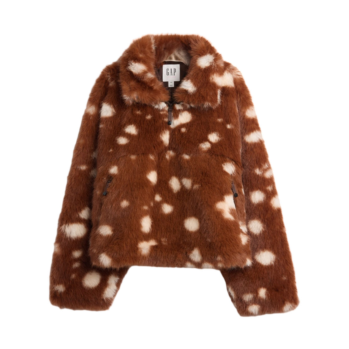 (W) 갭 × 샌디 리앙 스포티드 비건 퍼 하프 집 풀오버 브라운((W) Gap × Sandy Liang Spotted Vegan Fur Half-Zip Pullover Brown)