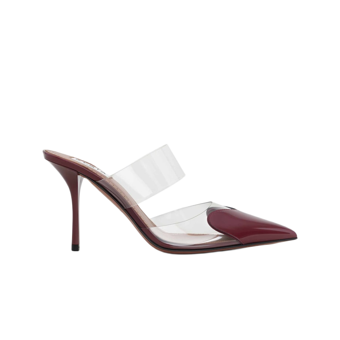 (W) 알라이아 페이턴트 카프스킨 르 쾨르 뮬 가넷 레드((W) Alaia Le Cœur Mules in Patent Calfskin Garnet Red)