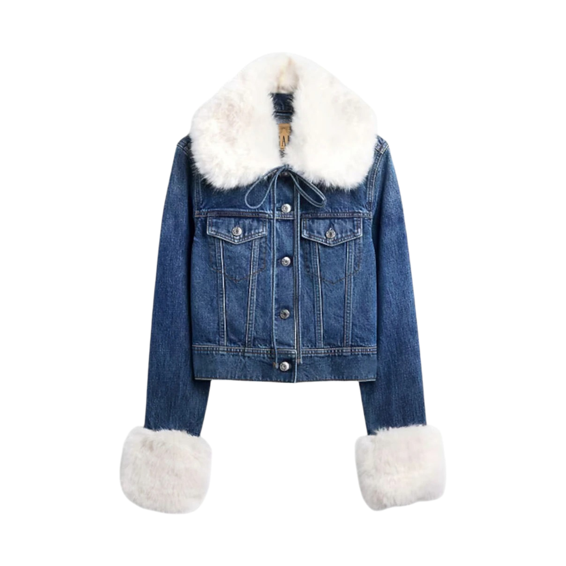 (W) 갭 × 샌디 리앙 비건 퍼 크롭 데님 자켓 스태리 아이 블루((W) Gap × Sandy Liang Vegan Fur Crop Denim Jacket Starry Eye Blue)