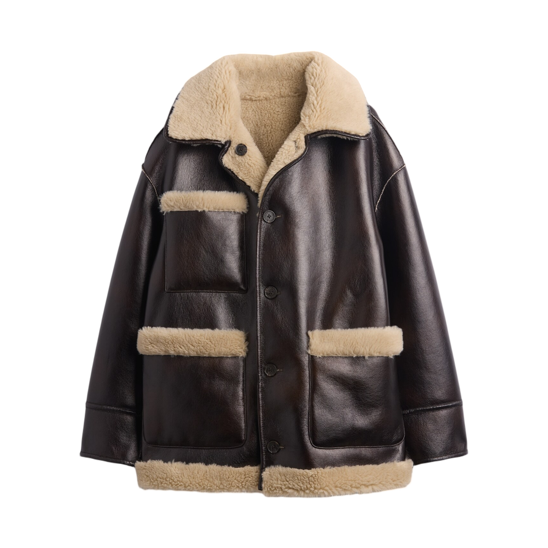 853540 (W) Gap × Sandy Liang Reversible Vegan Leather Sherpa Jacket Dark Brown