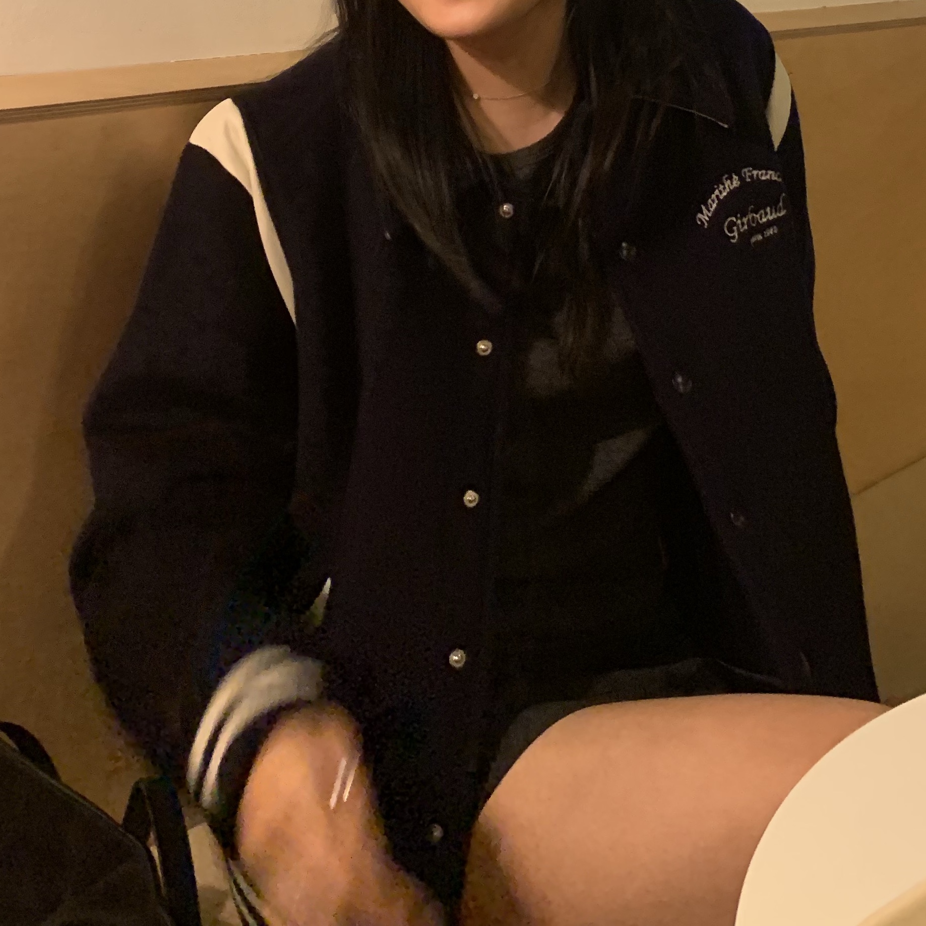 Marithe Francois Girbaud Classic Logo Embroidery Denim Varsity Jacket Navy 착용 스타일