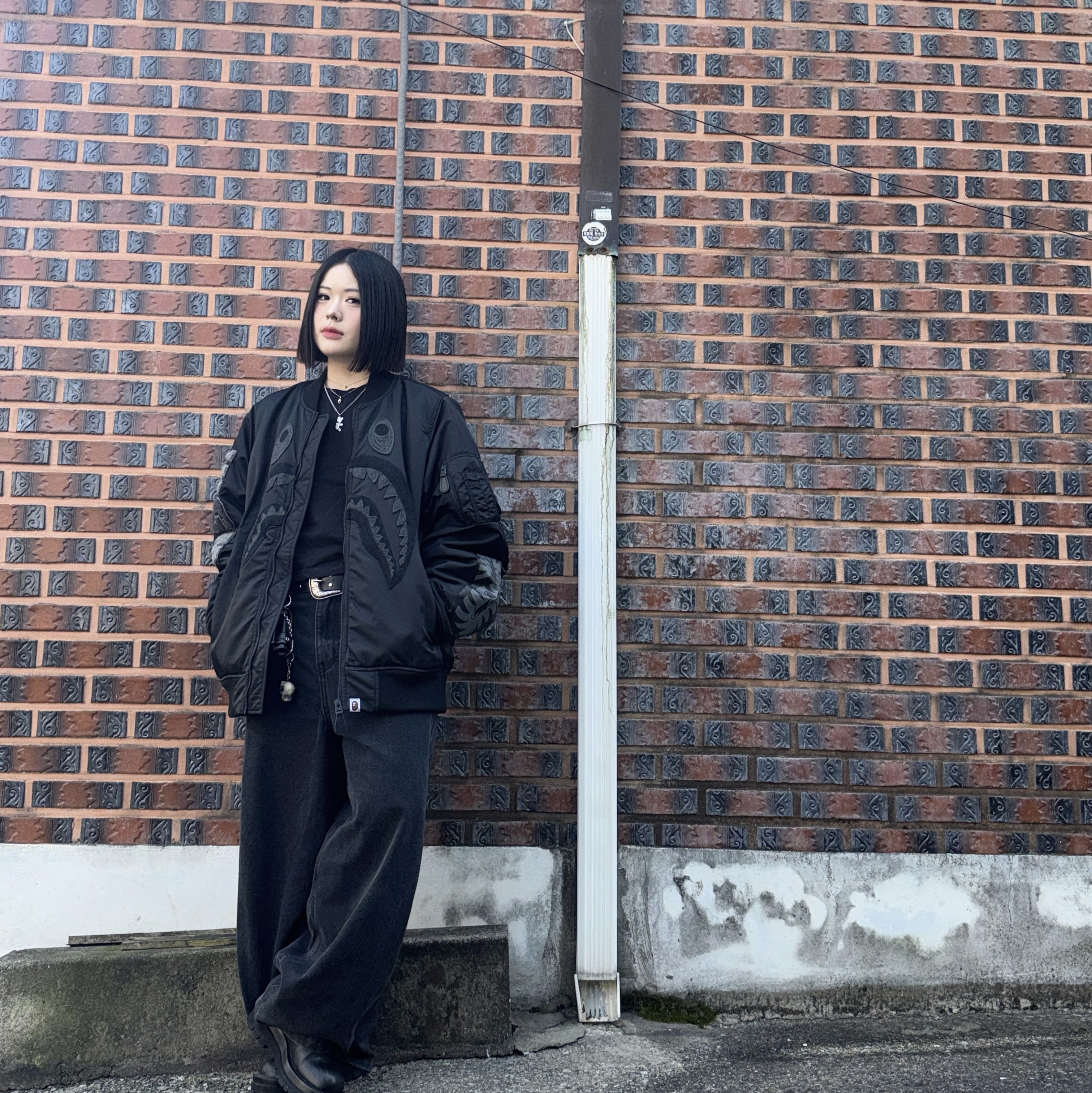 BAPE Tonal Chain Stitch Shark Bomber Jacket Charcoal 착용 스타일 - 1