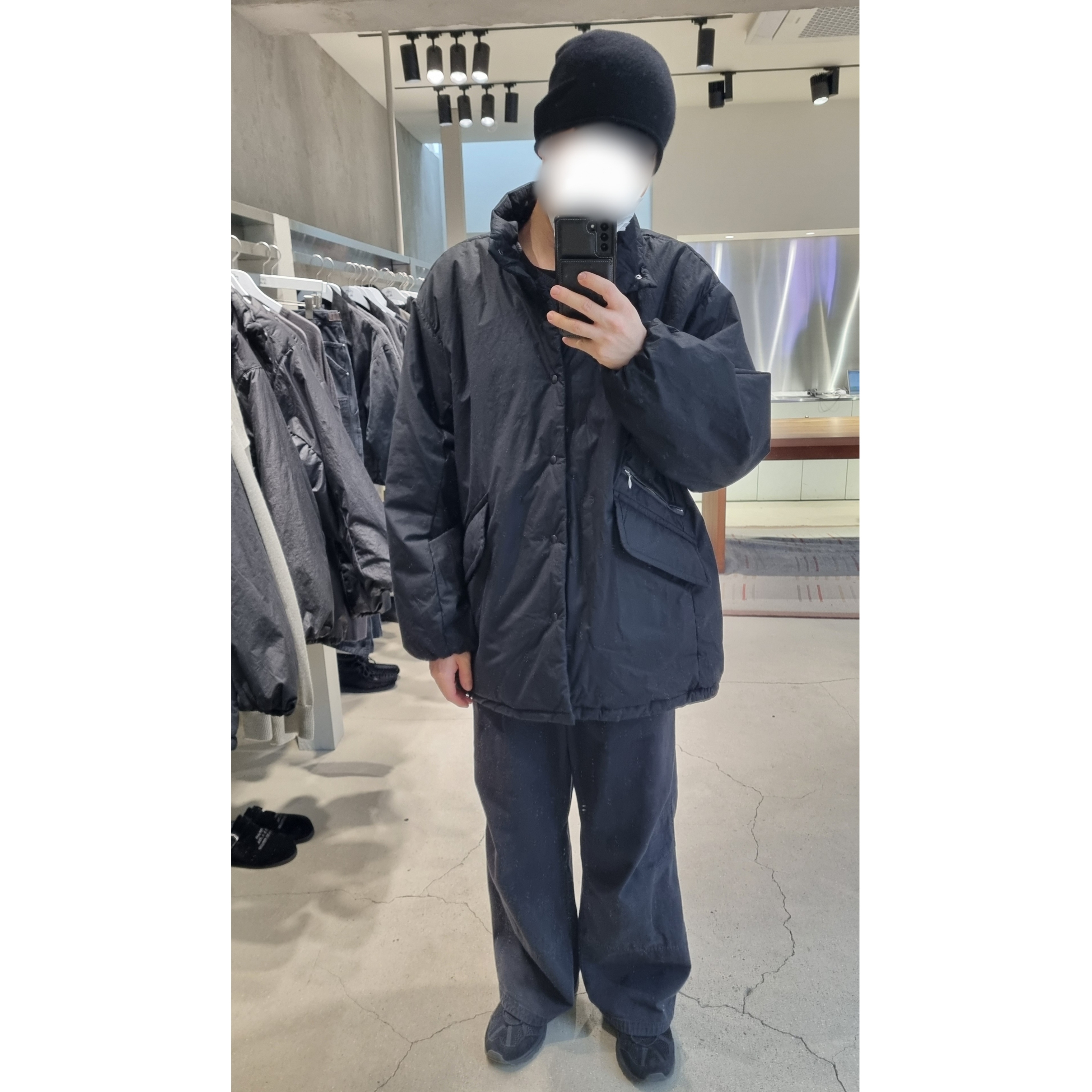 Asics Gel-Sonoma 15-50 Black, Polyteru Pillow Parka 001 (Matt) Black 착용 스타일 - 1