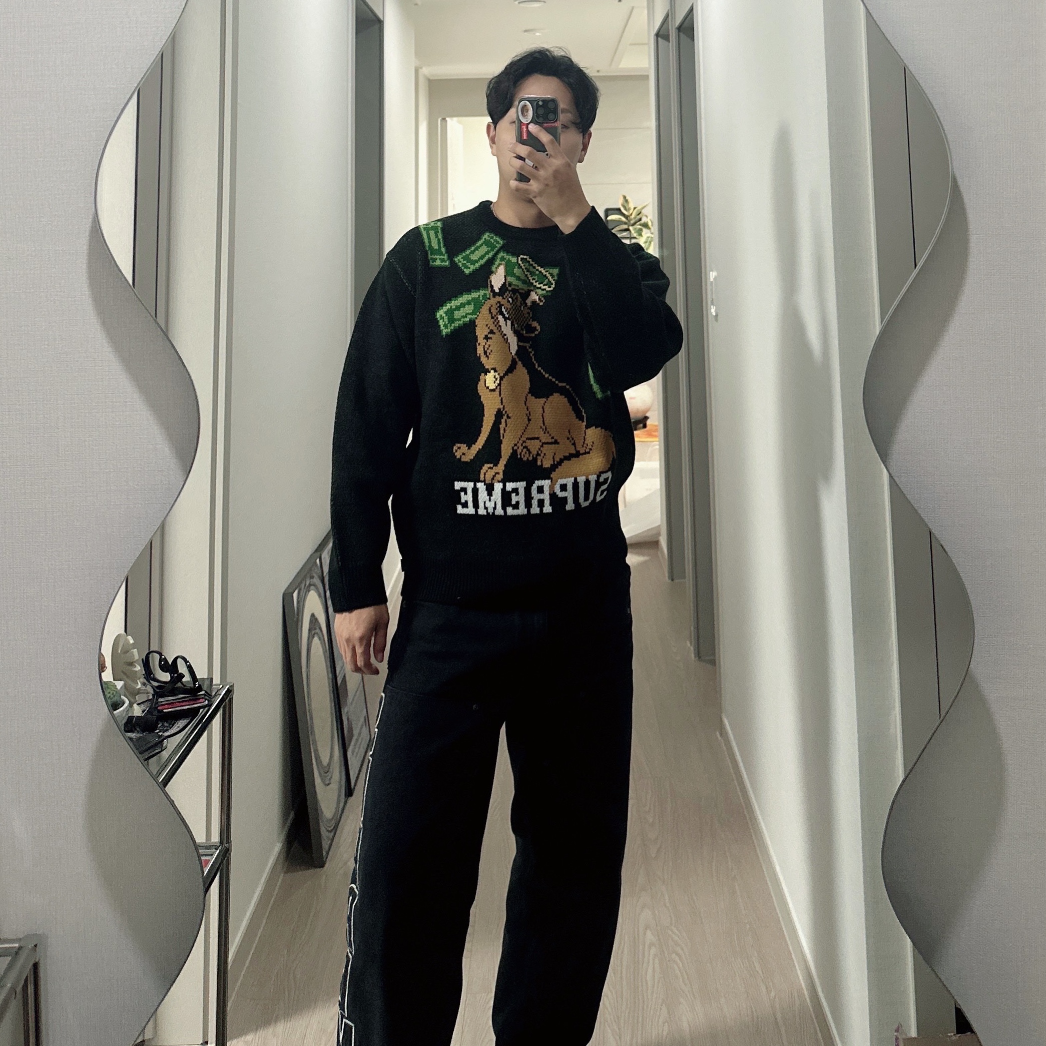 Supreme All Dogs Go To Heaven Sweater Black - 25FW 착용 스타일