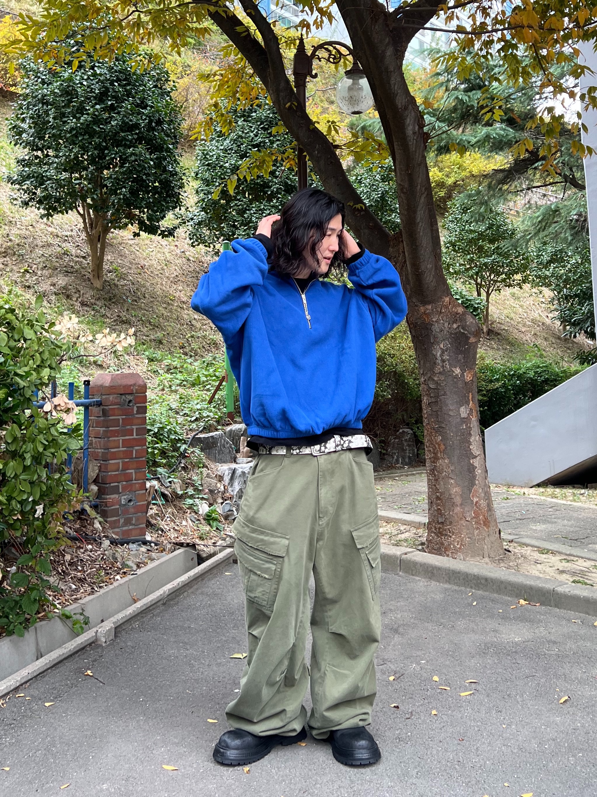 Nonnod Half Zip Fleece Blue, Nonnod Double Pocket Cargo Pants Vintage Khaki 착용 스타일 - 5