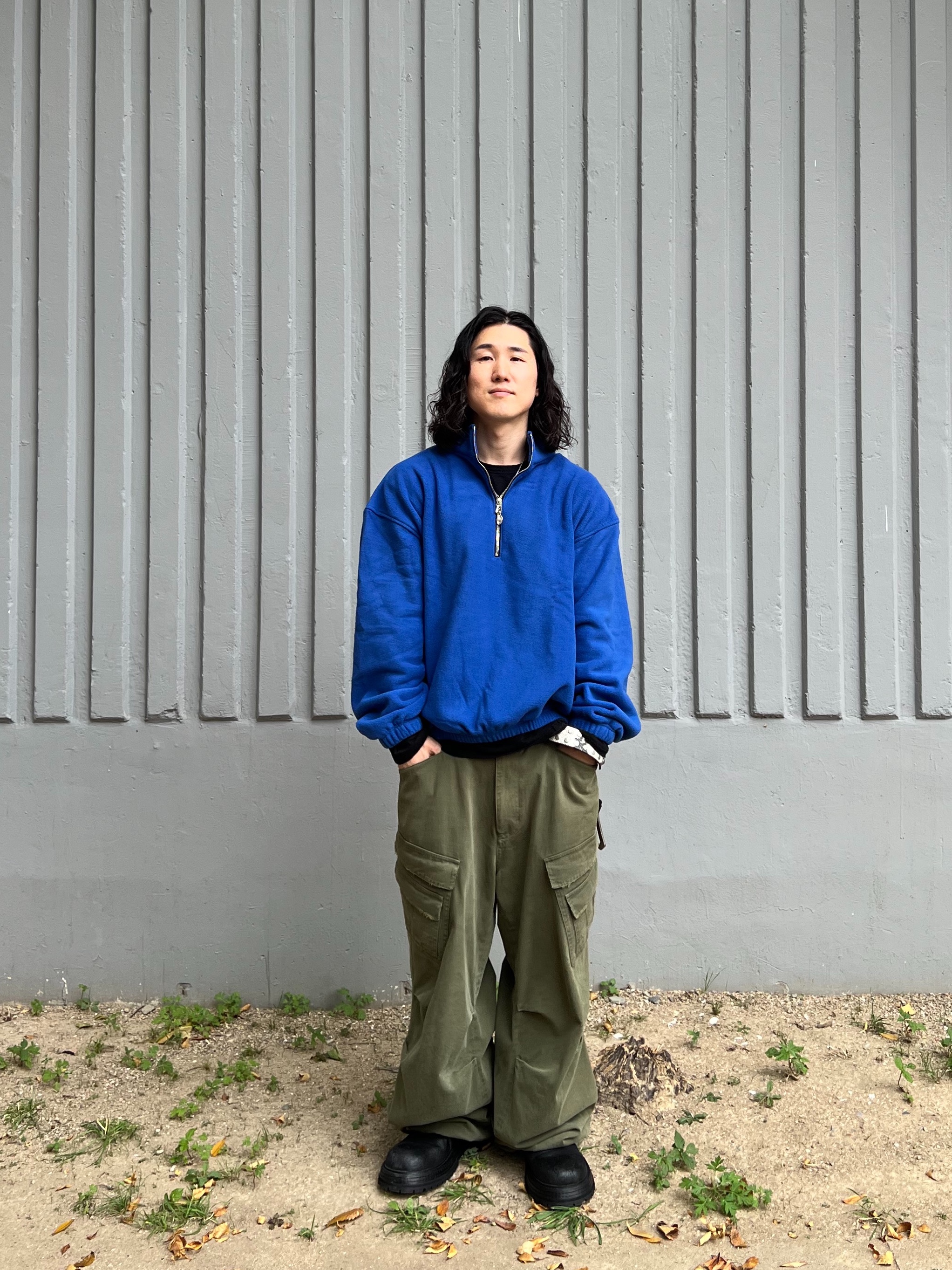 Nonnod Half Zip Fleece Blue, Nonnod Double Pocket Cargo Pants Vintage Khaki 착용 스타일 - 2