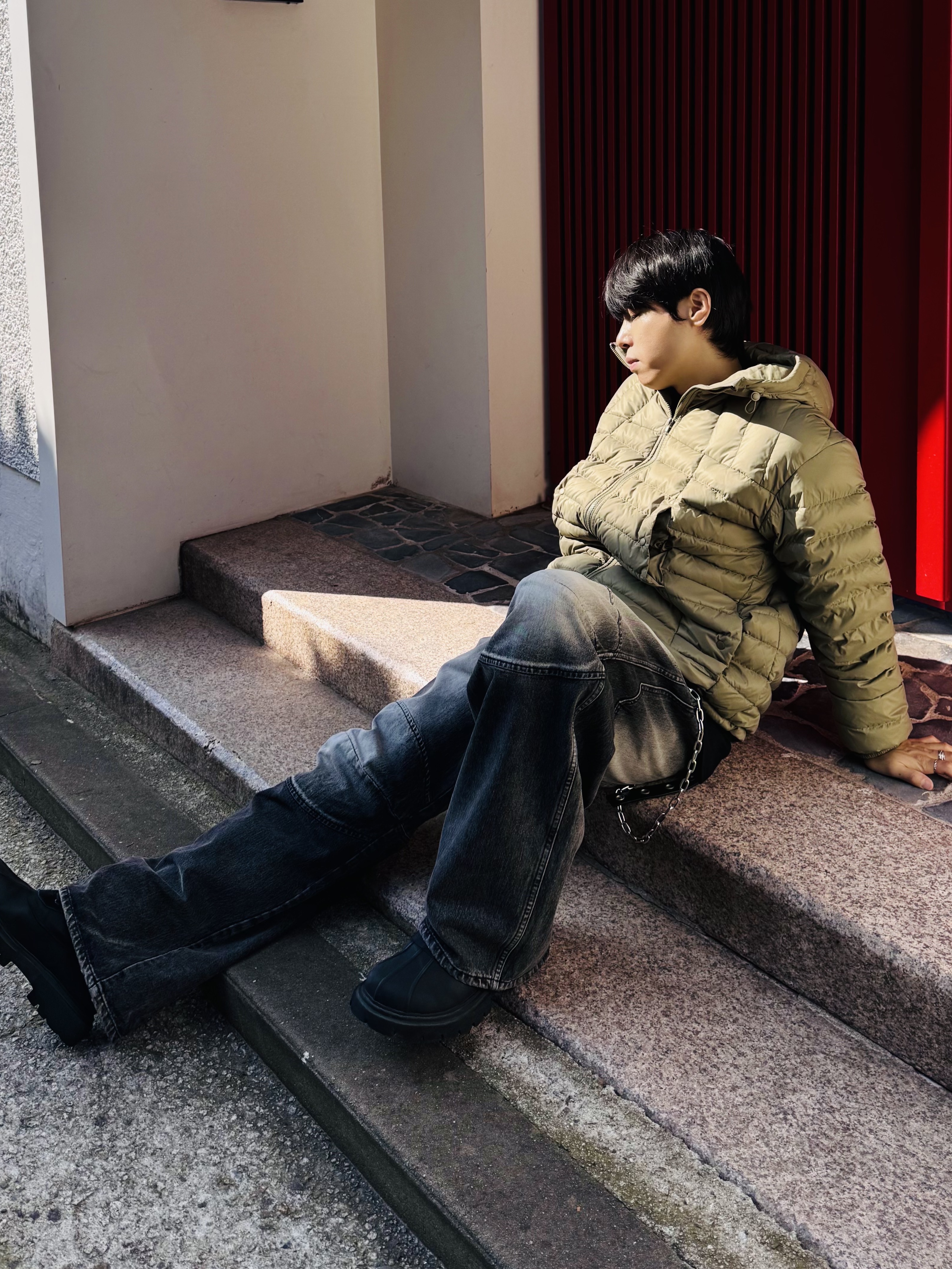 MJD 3D Knee Denim Pants Black 착용 스타일 - 1