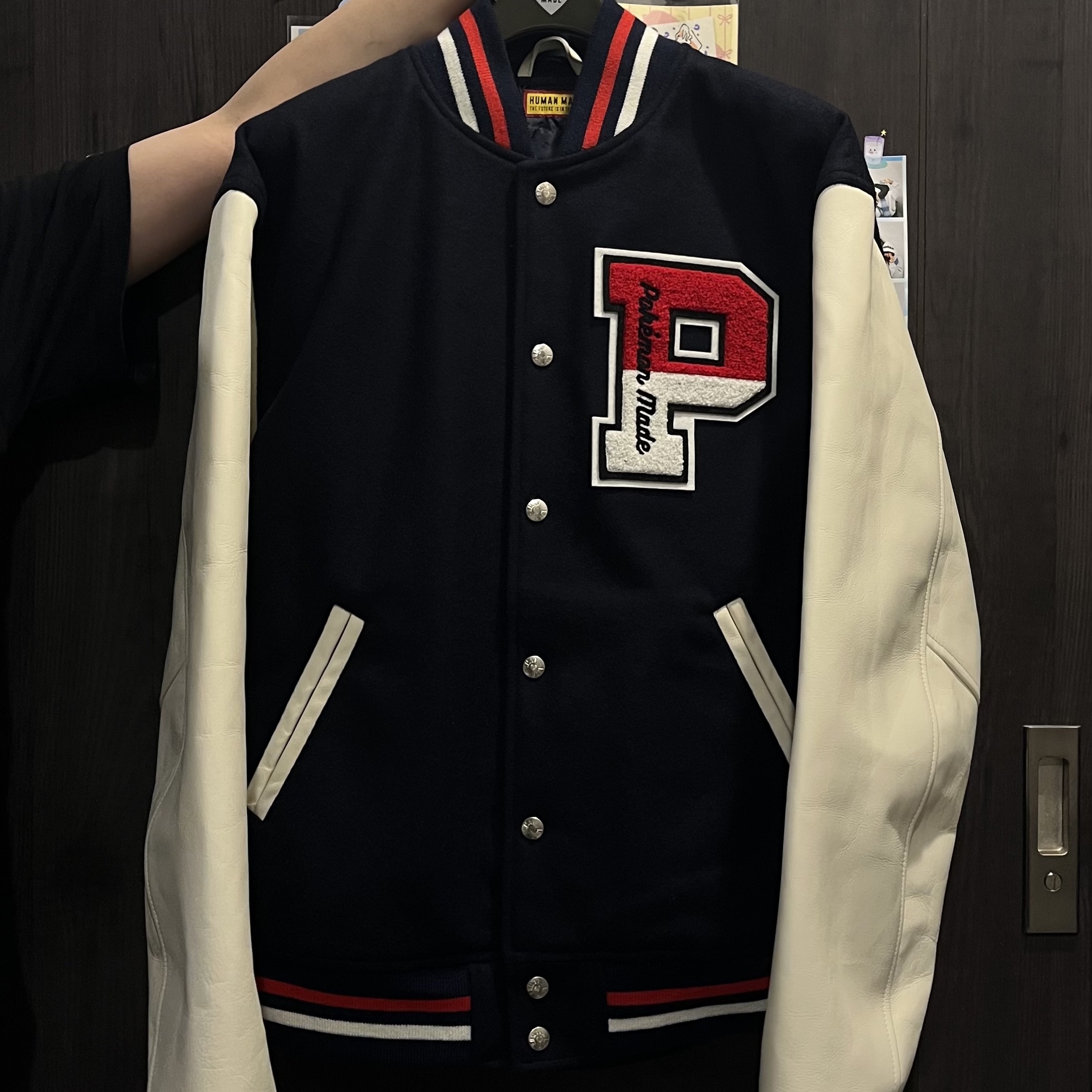 Human Made x Pokemon Made Varsity Jacket Navy 착용 스타일 - 1
