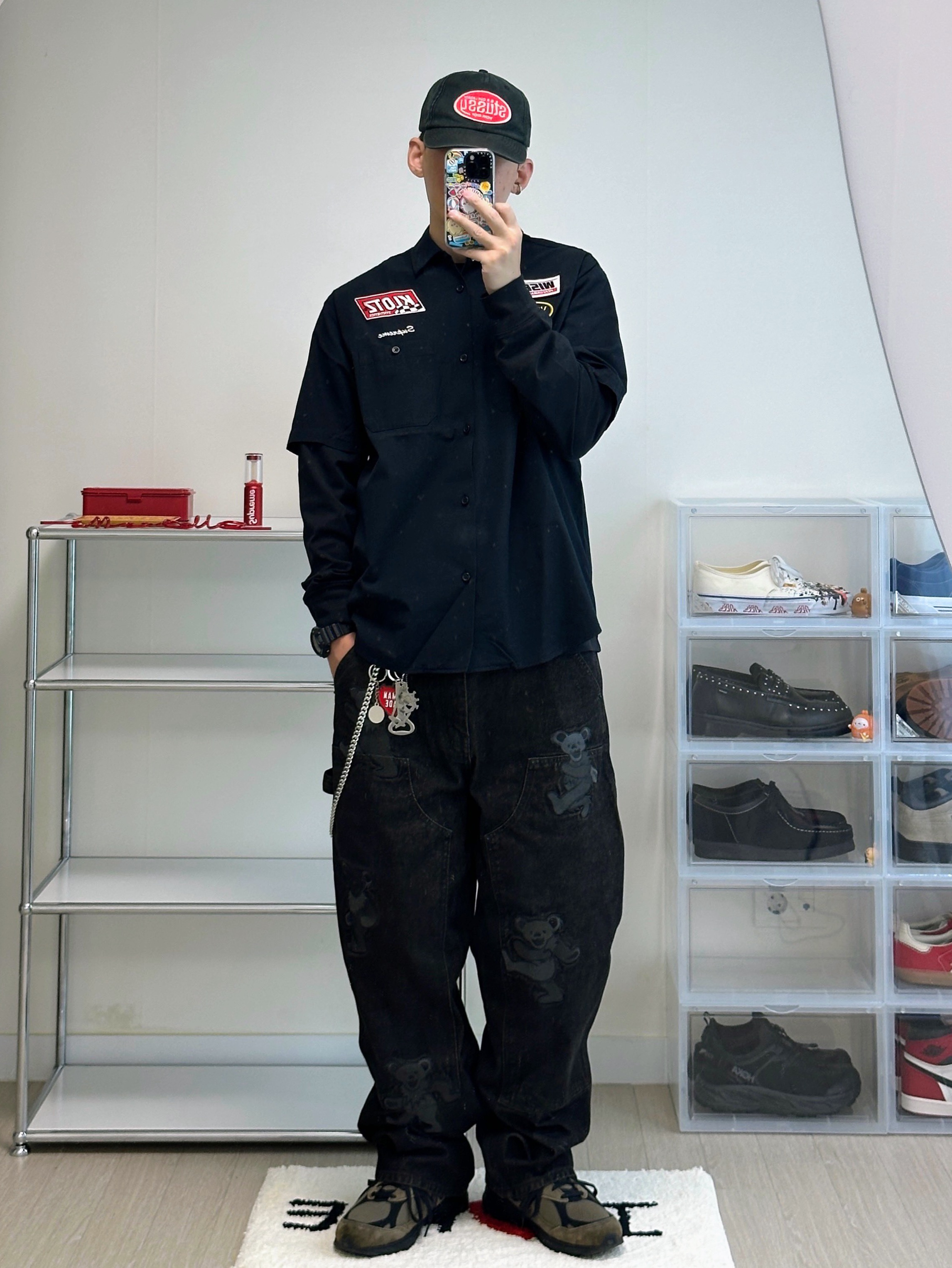Supreme x Vanson Leathers S/S Work Shirt Black - 25FW, Stussy x Our Legacy Work Shop Mid-depth Cap Black 착용 스타일