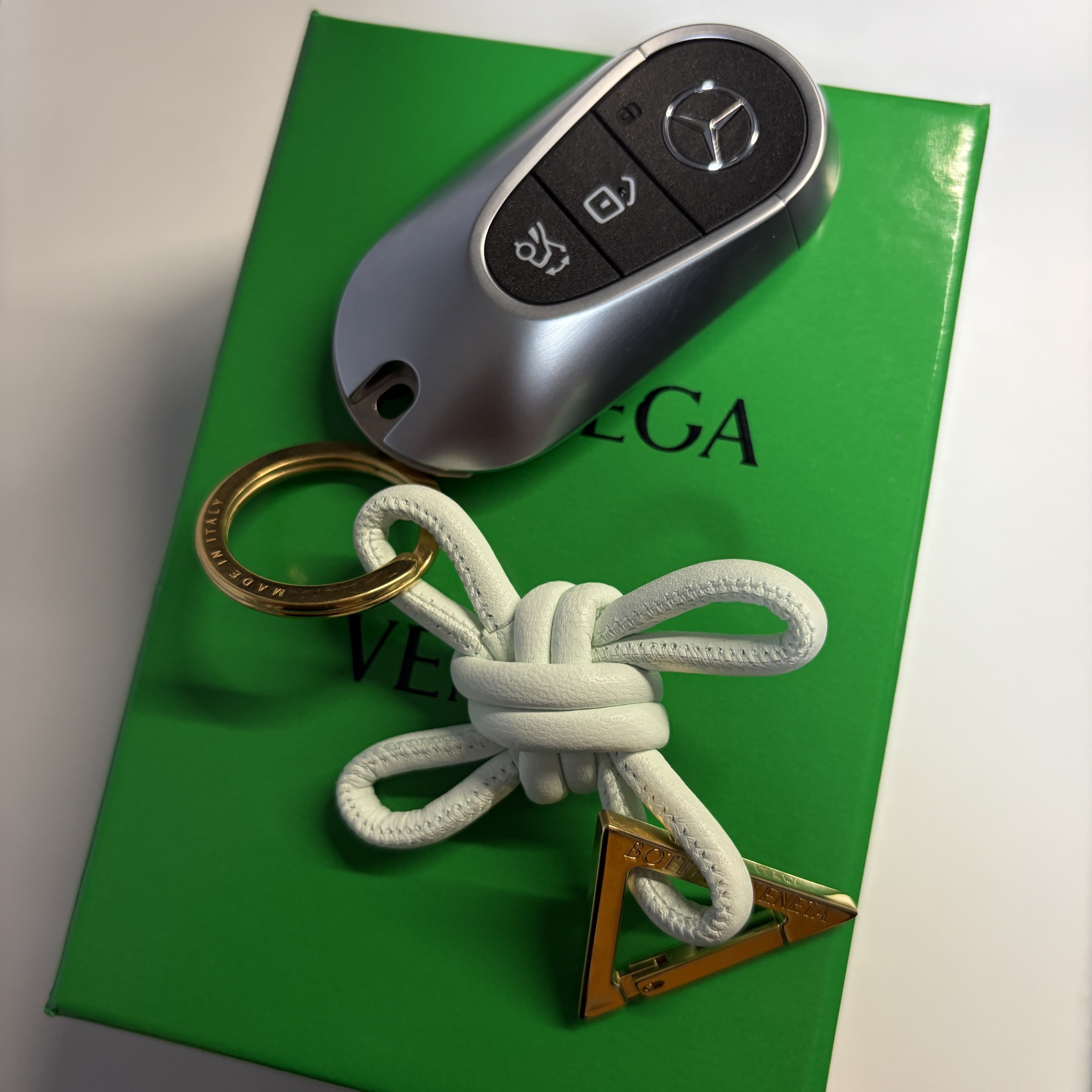 Bottega Veneta Triangle Keyring Glacier 착용 스타일