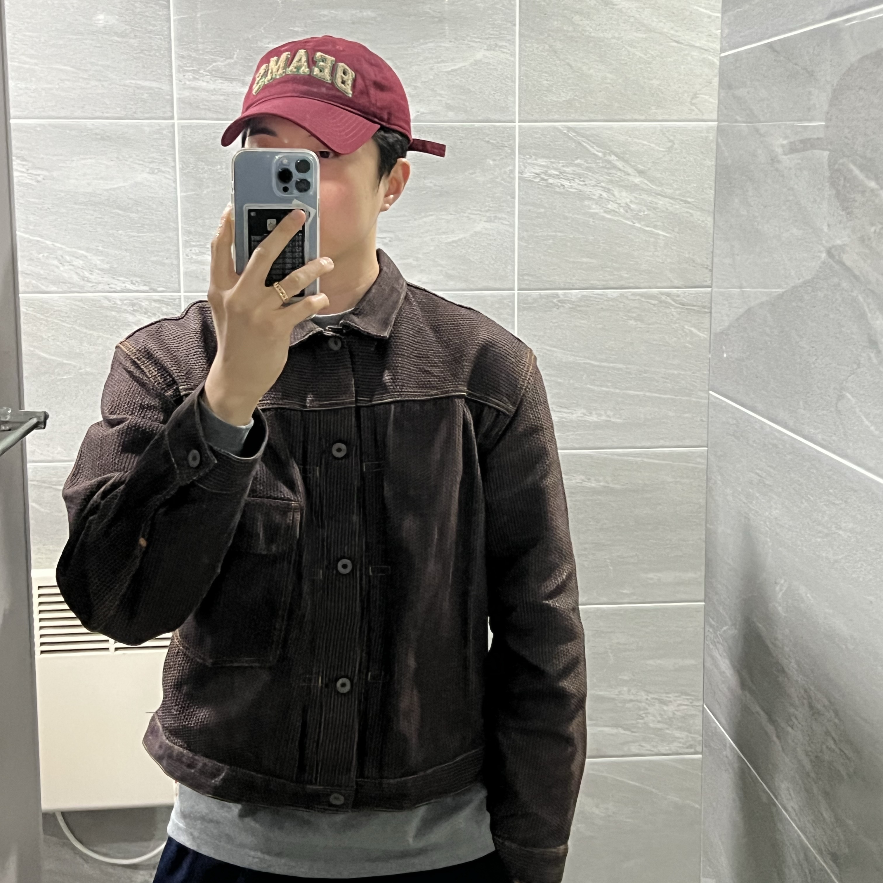 Kapital Century Denim 1st Jacket N5S Brown, Beams Basic Cap Burgundy 착용 스타일