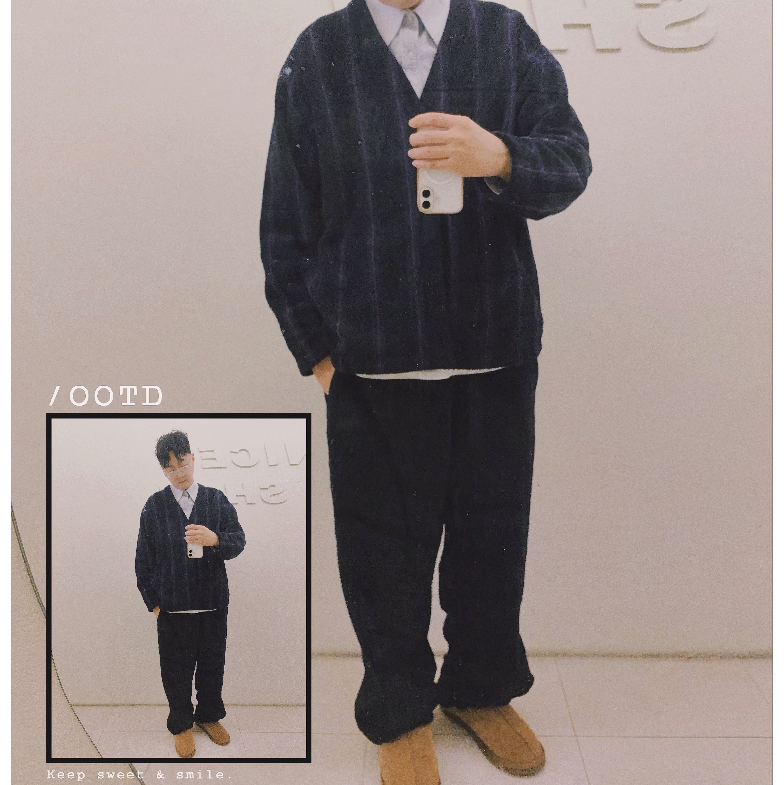 Uniqlo x Needles Fleece Wide Pants Dark Gray - KR, Uniqlo x Needles Fleece Oversized Cardigan Black - KR 착용 스타일