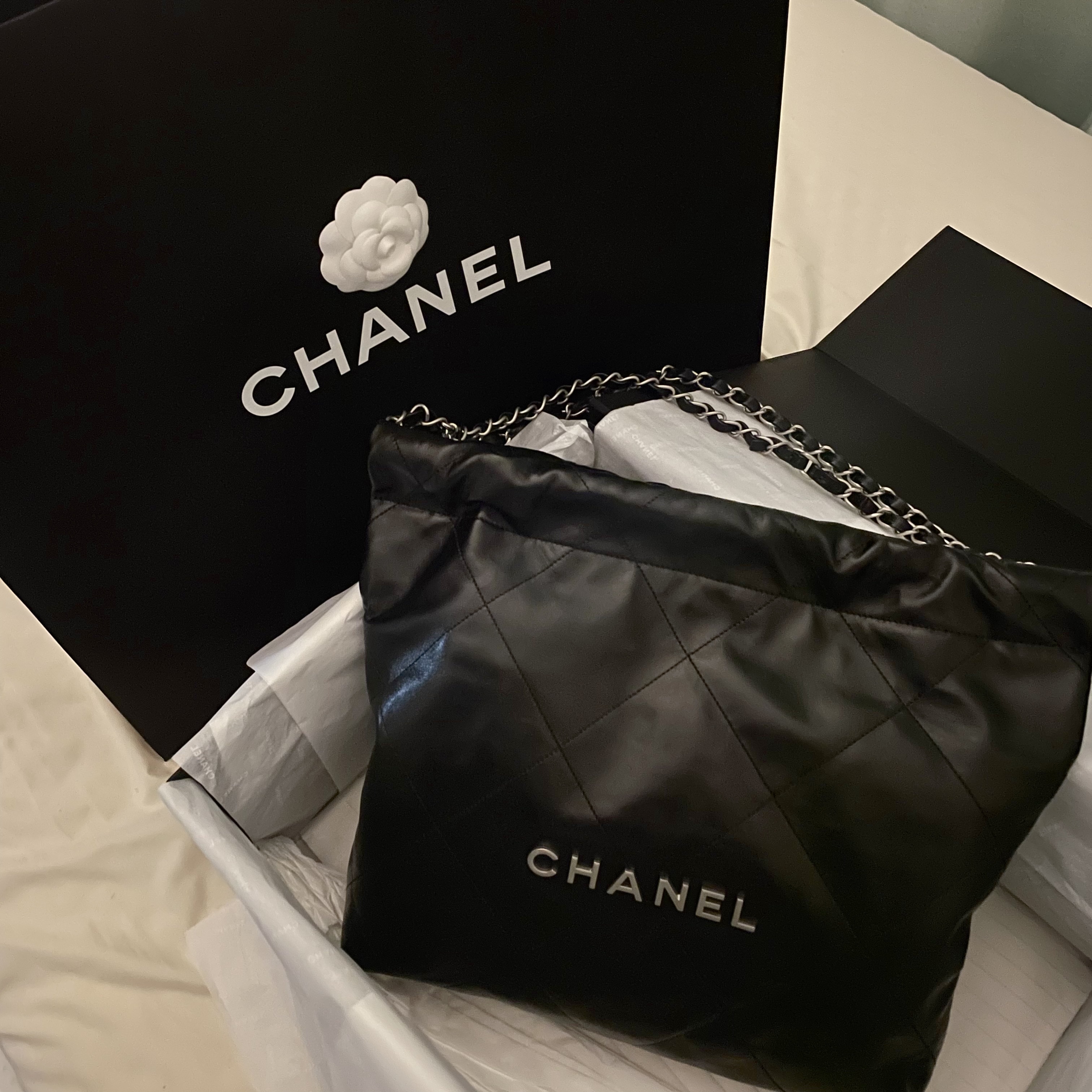 Chanel 22 Small Handbag Shiny Calfskin & Silver Black 착용 스타일