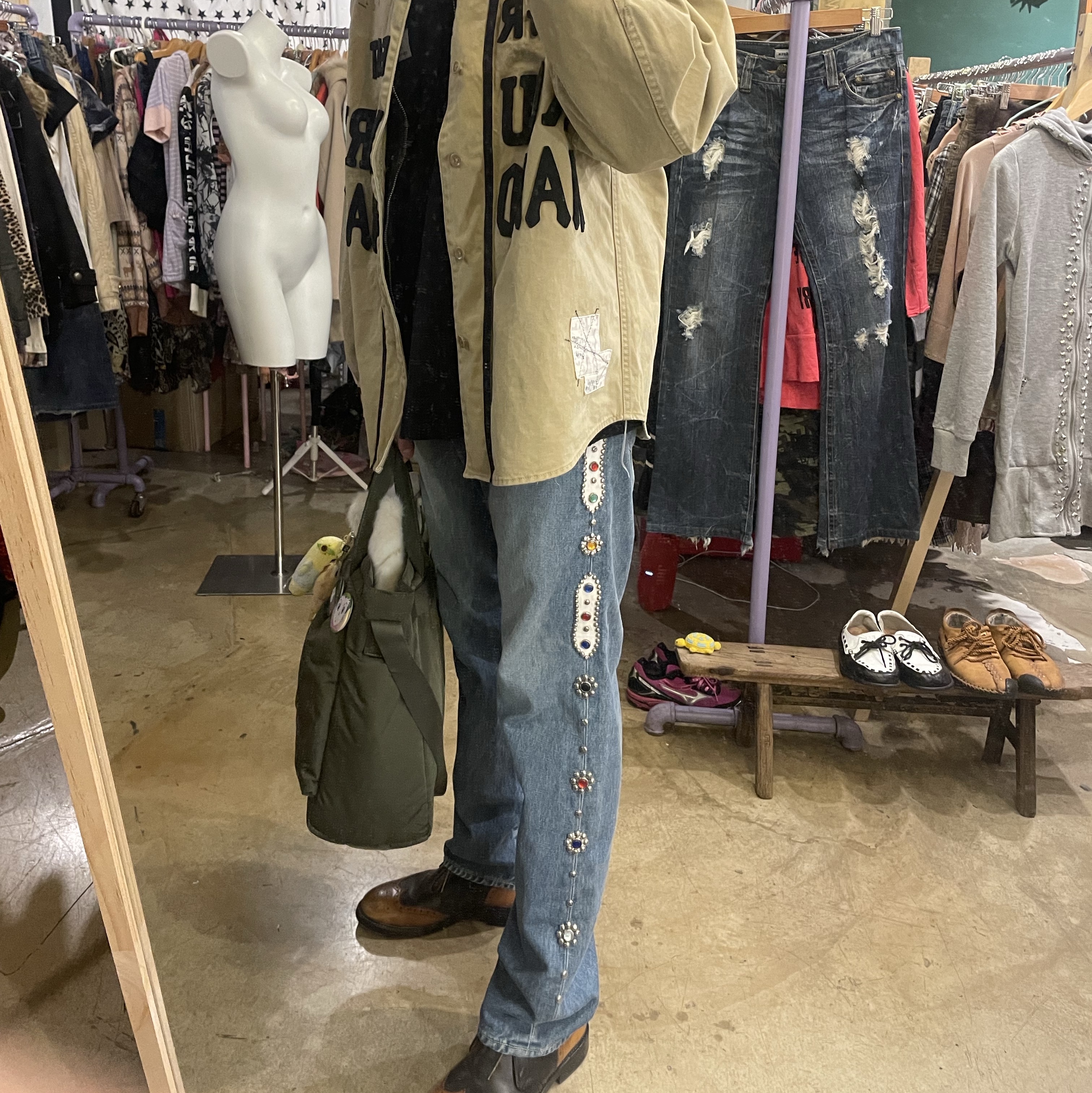 Kapital Chino Great Country Damaged Baseball Long Sleeve Shirt Beige, Kapital 14 oz. Denim 5P Monkey Cisco Gemstone Pants Indigo (Processing) 착용 스타일 - 2