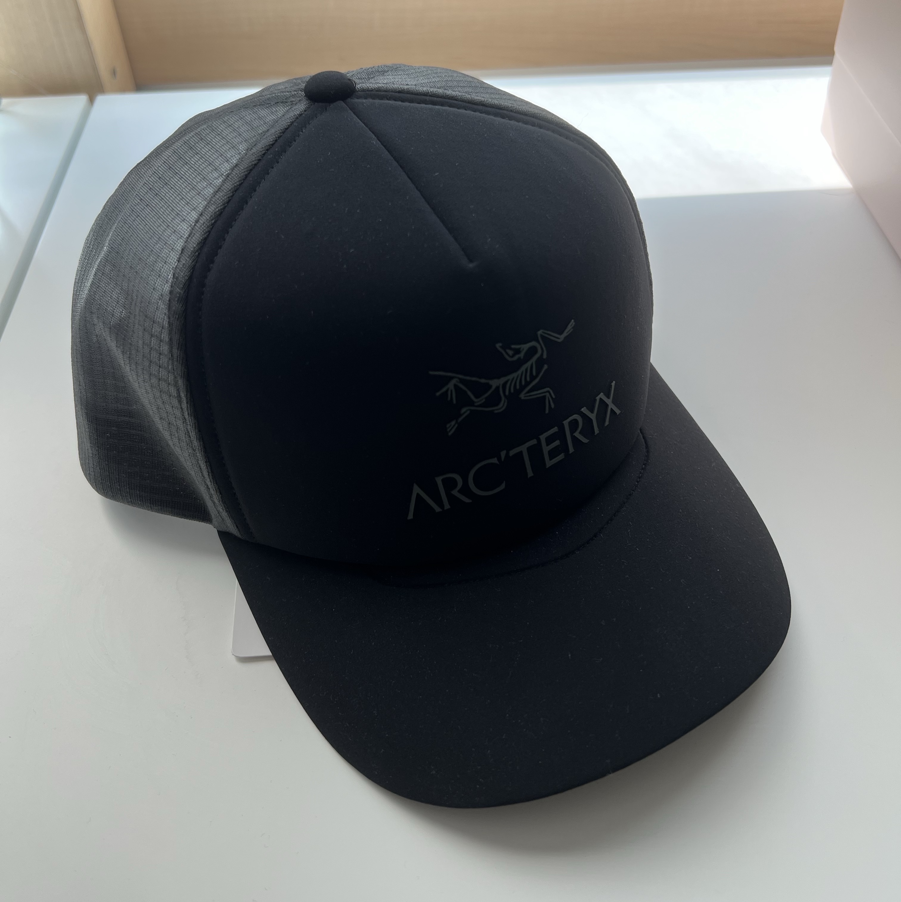Arc'teryx Bird Word Trucker Curved Hat Black Graphite 착용 스타일