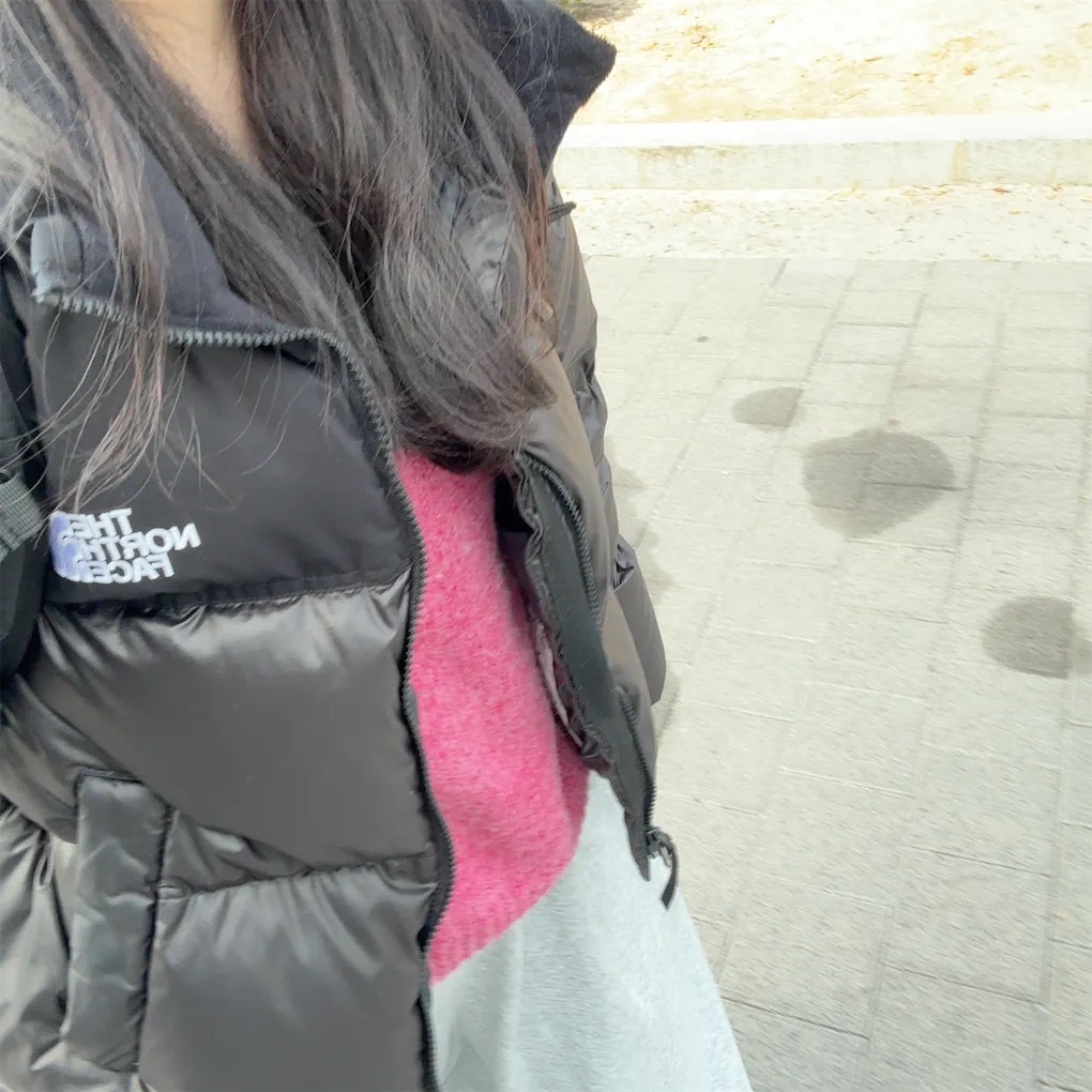 (W) The North Face White Label Novelty Nuptse Down Jacket Black 착용 스타일