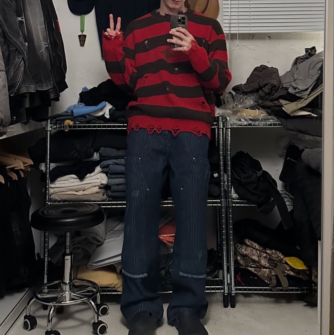 Mea Vintage Striped Wool Knit Red, Mea Striped Carpenter Pants Indigo 착용 스타일 - 2