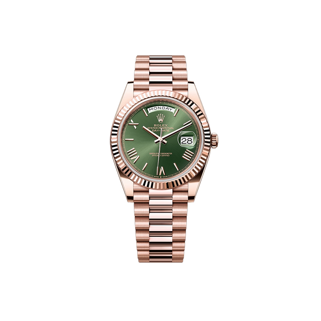 ITFCWFPHMGVI Rolex Day-Date 40 Olive Green Roman + Bar President No. 6722