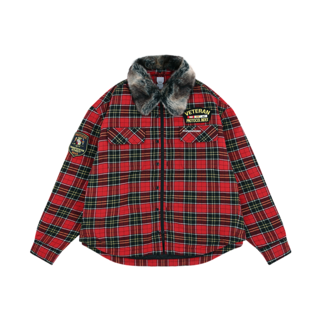 - Protocol Index Fur Collar Flannel Check Shirt Jacket Red