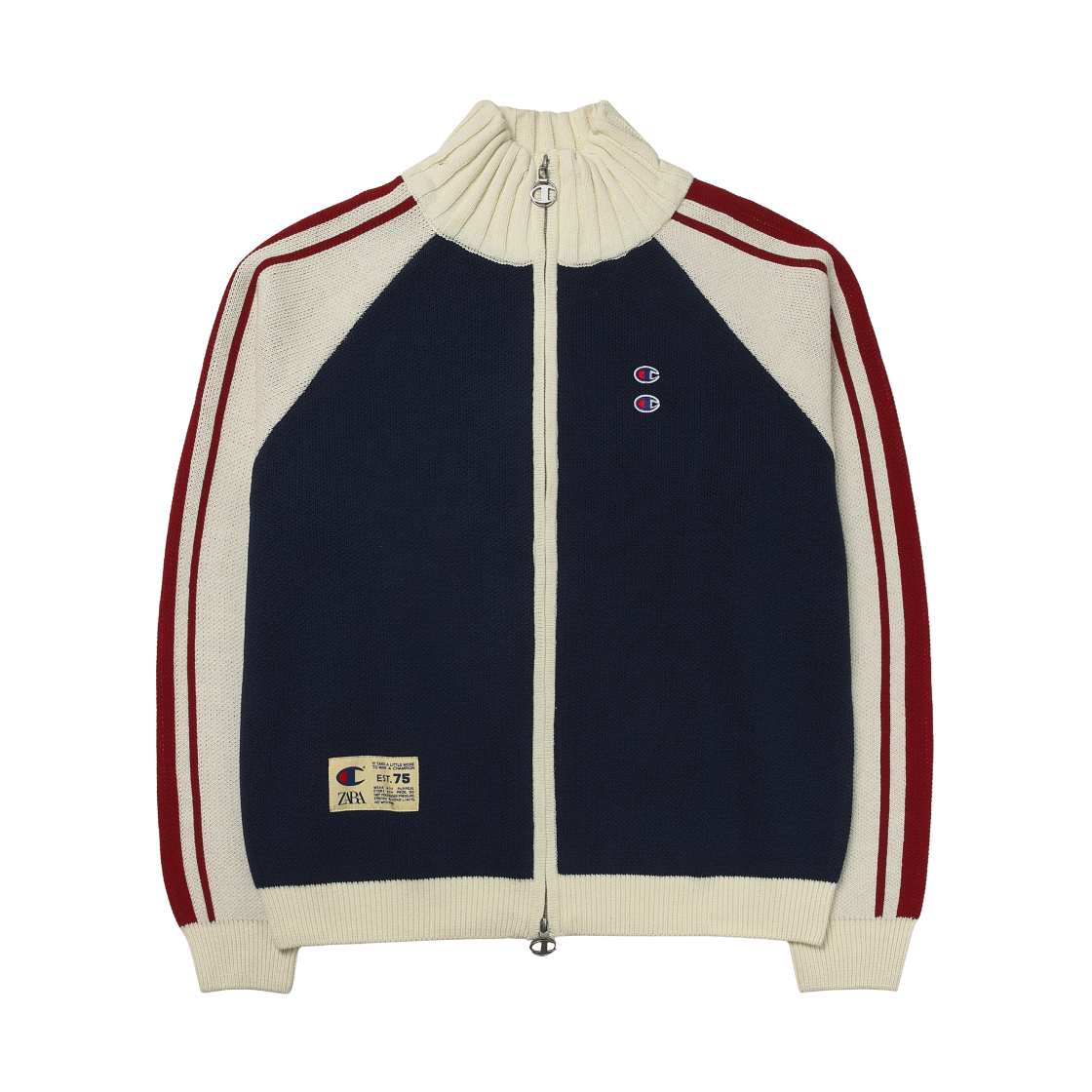 자라 x 챔피온 컬러 블록 스트라이프 가디건 네이비 블루(Zara x Champion Color Block Stripe Cardigan Navy Blue)