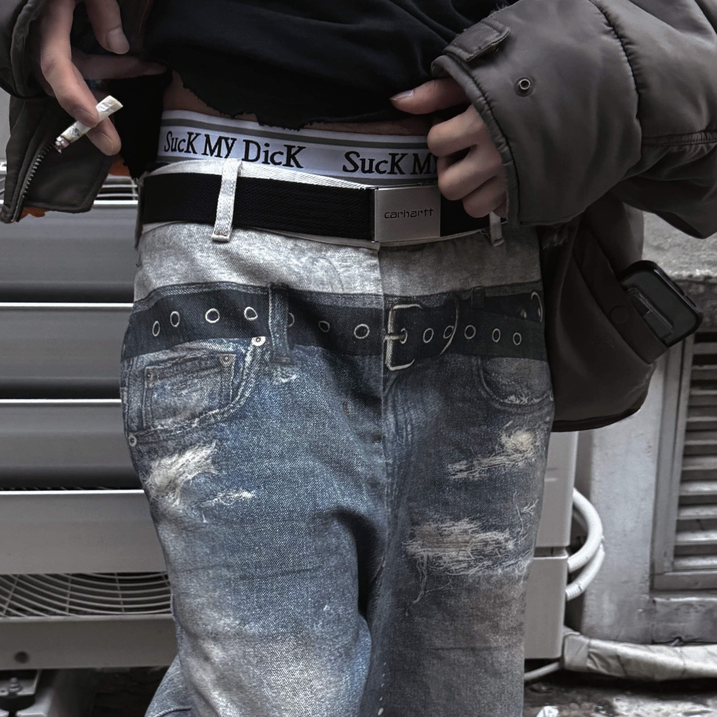 Project G/R Reconstructed Bomber Jacket Khaki, Project G/R Trompe-L’Oeil Denim Printed Pants Blue 착용 스타일 - 3