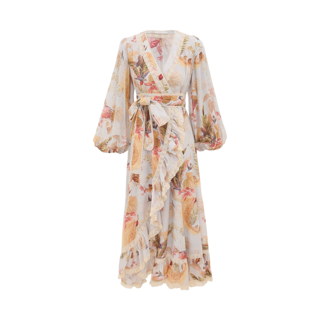 (W) 짐머만 어센션 프릴 미디 드레스 라이트 블루 팜 플로럴((W) Zimmermann Ascension Frill Midi Dress Light Blue Palm Floral)