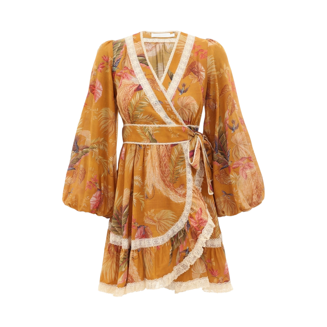 (W) 짐머만 어센션 프릴 미니 드레스 머스타드 팜 플로럴((W) Zimmermann Ascension Frill Mini Dress Mustard Palm Floral)