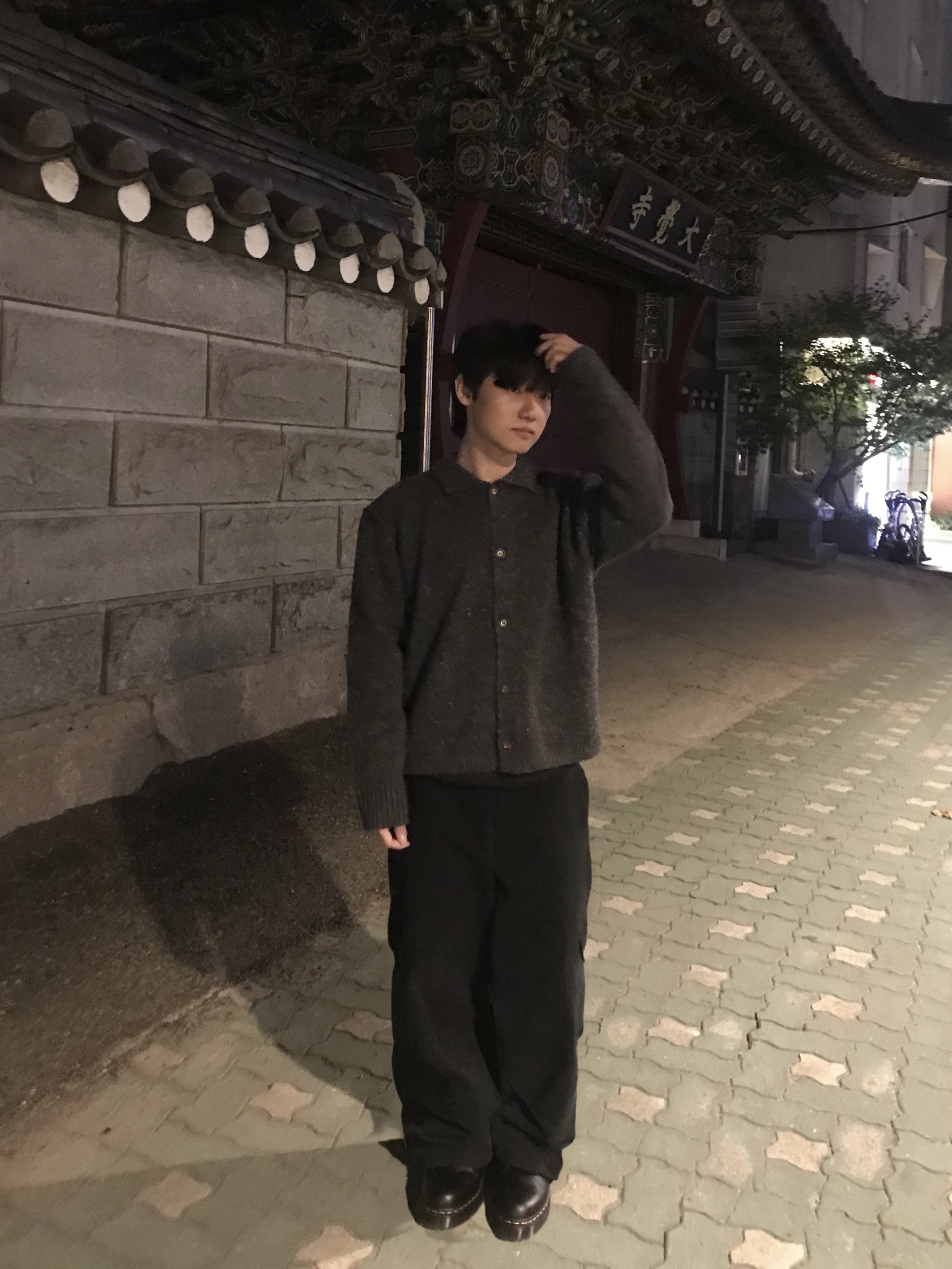 noun Nep Yarn Collar Cardigan Charcoal, noun Washed Cargo Pants Black 착용 스타일 - 3