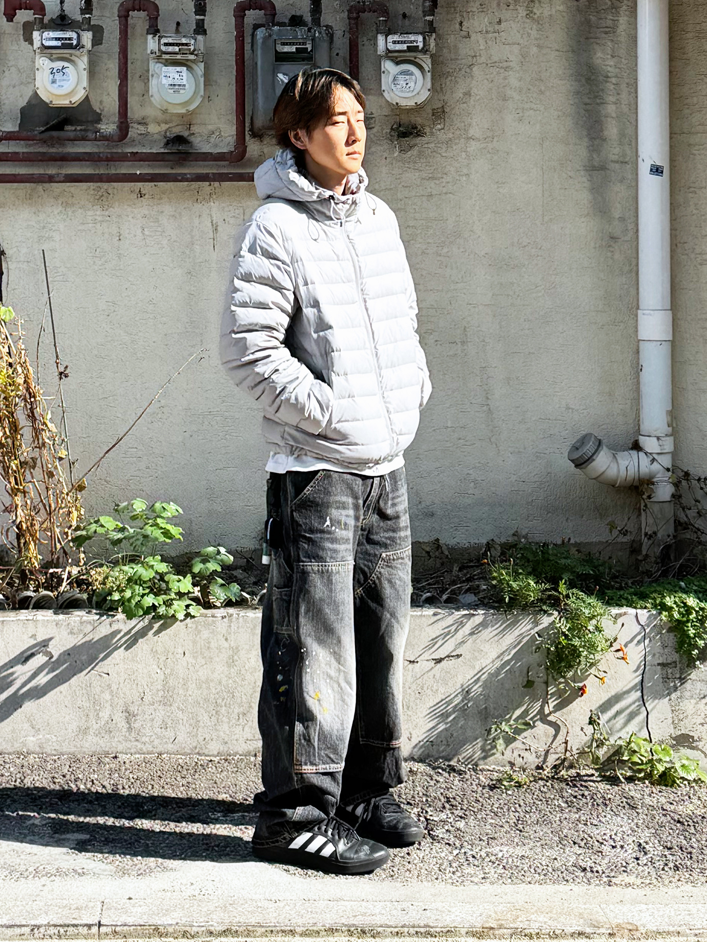 QT8 GARMENTS Duck Down Lightweight Jacket Light Grey 착용 스타일 - 1