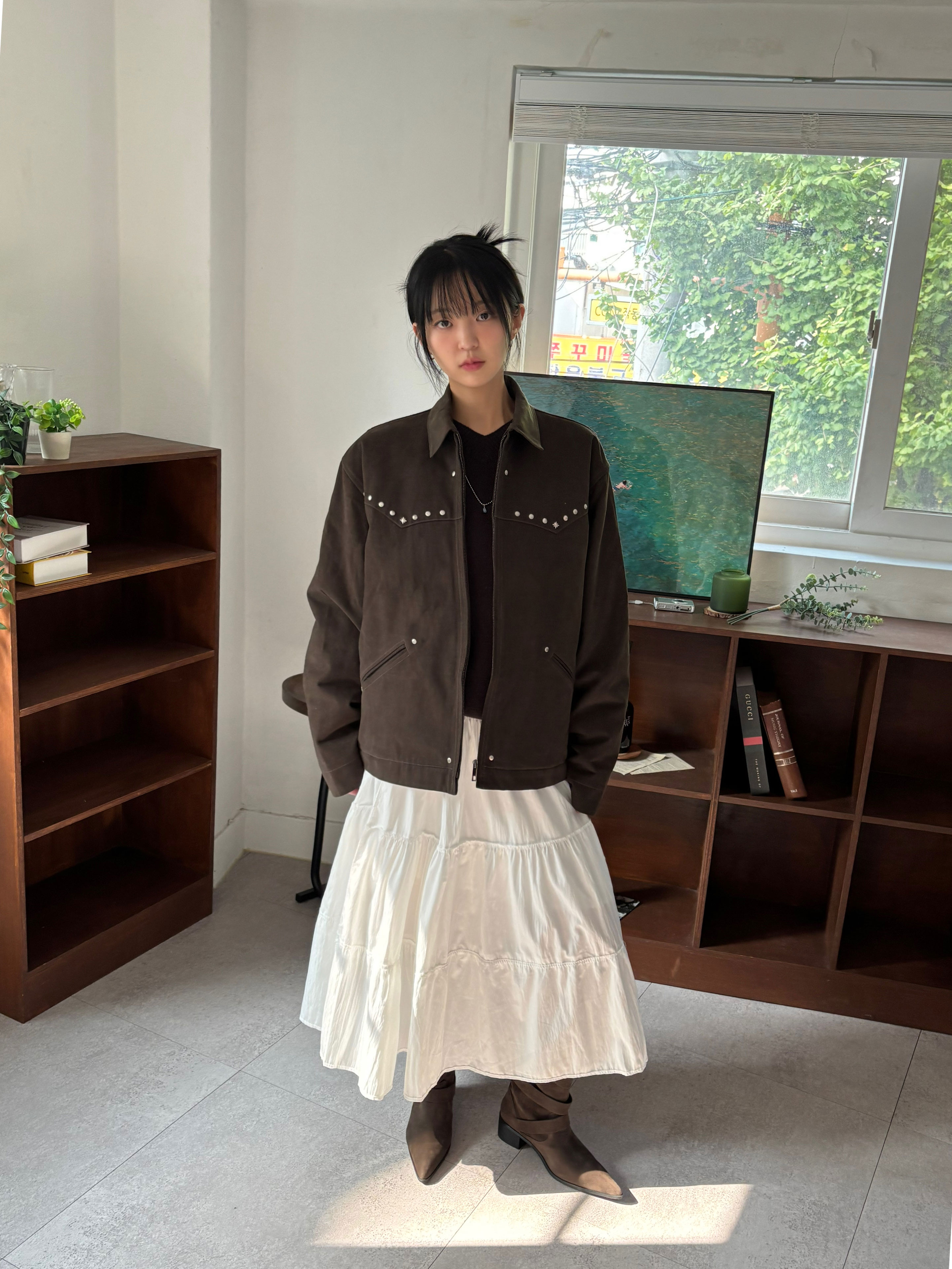 Riomeu Western Twill Washed Work Jacket Brown 착용 스타일 - 1