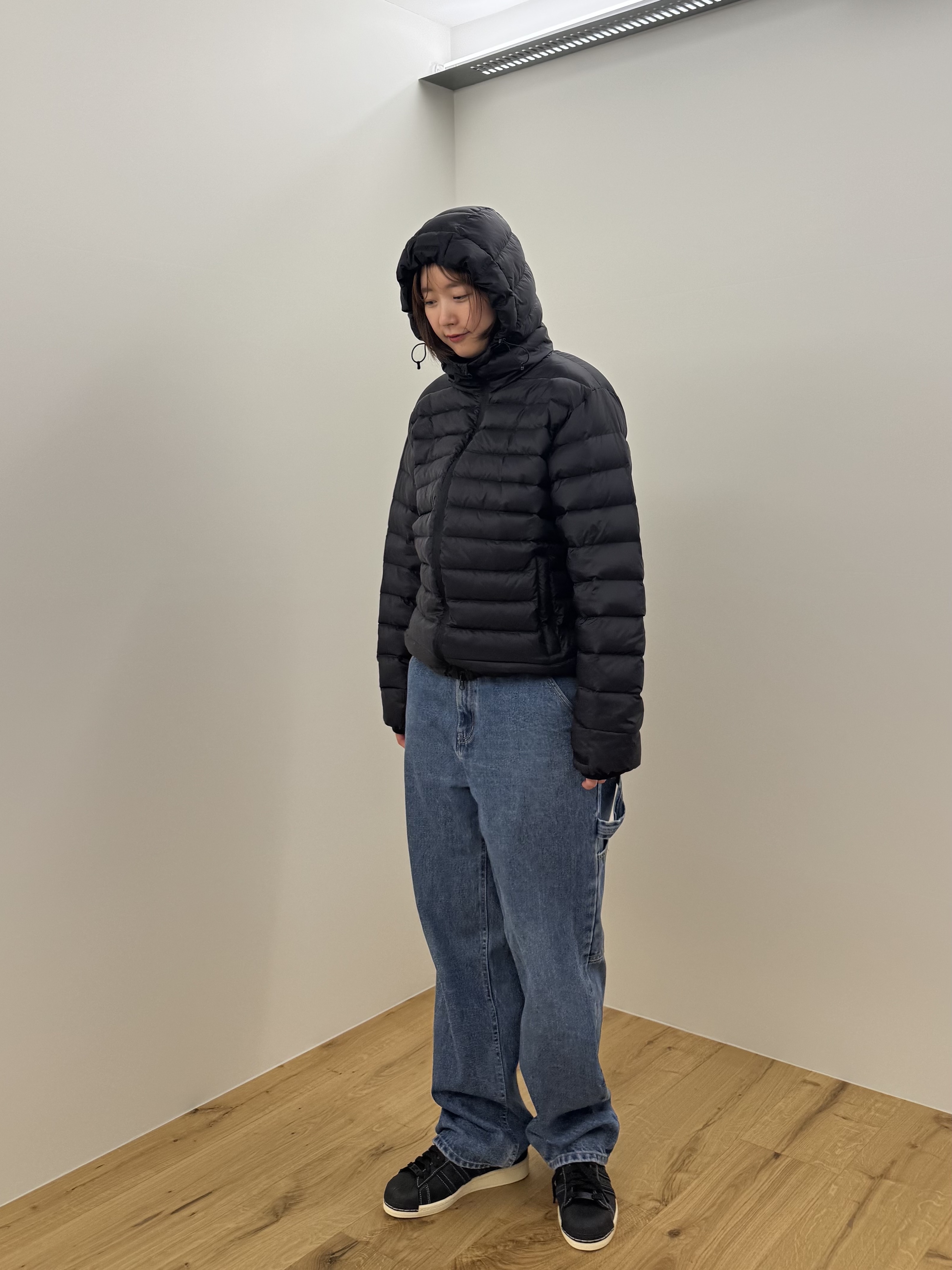 QT8 GARMENTS Duck Down Lightweight Jacket Black, QT8 Garments TL Denim Carpenter Pant Deep Blue 착용 스타일