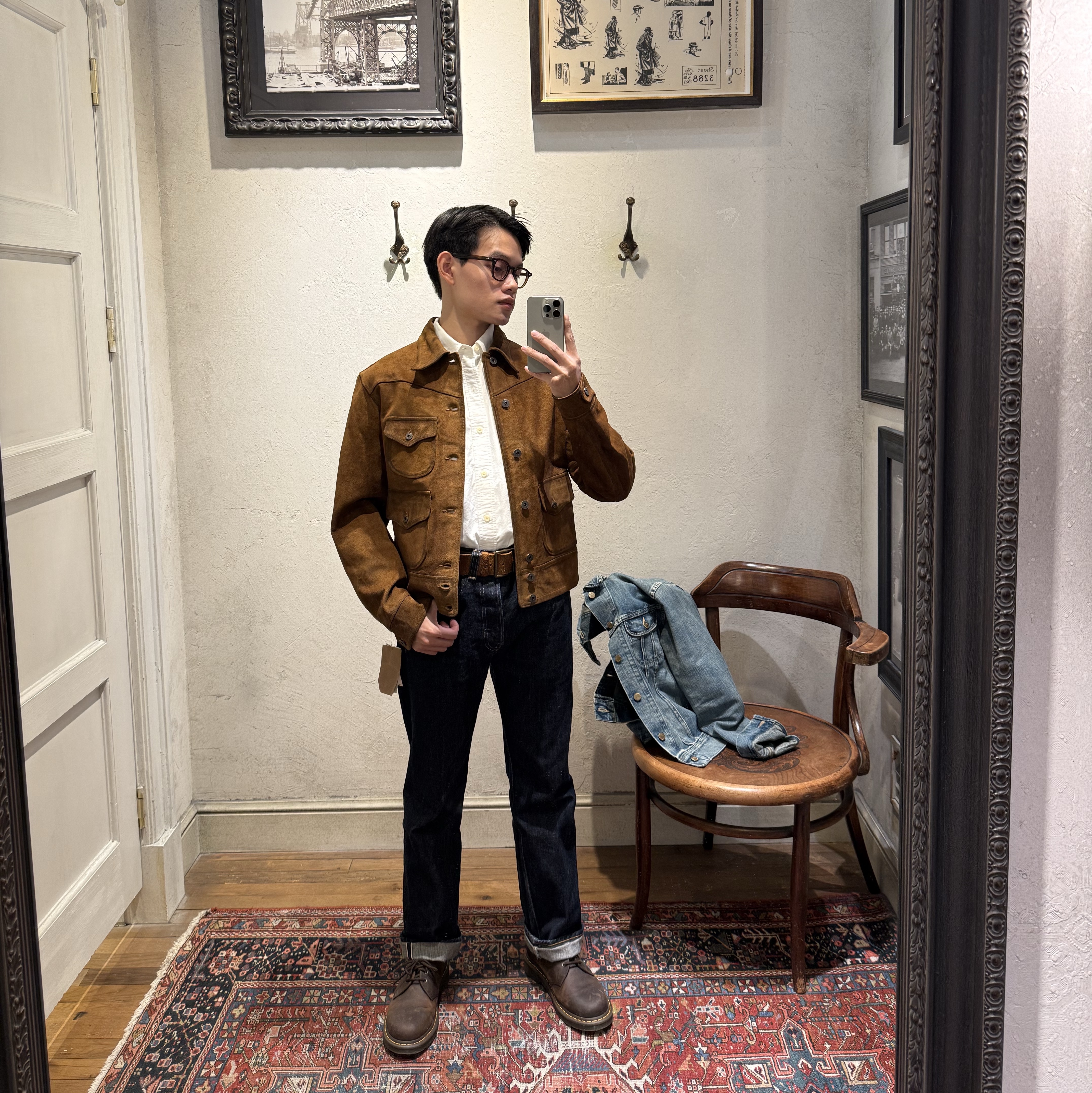 Double RL Roughout Suede Jacket Brown, Double RL Indigo Denim Jacket Leland Wash 착용 스타일