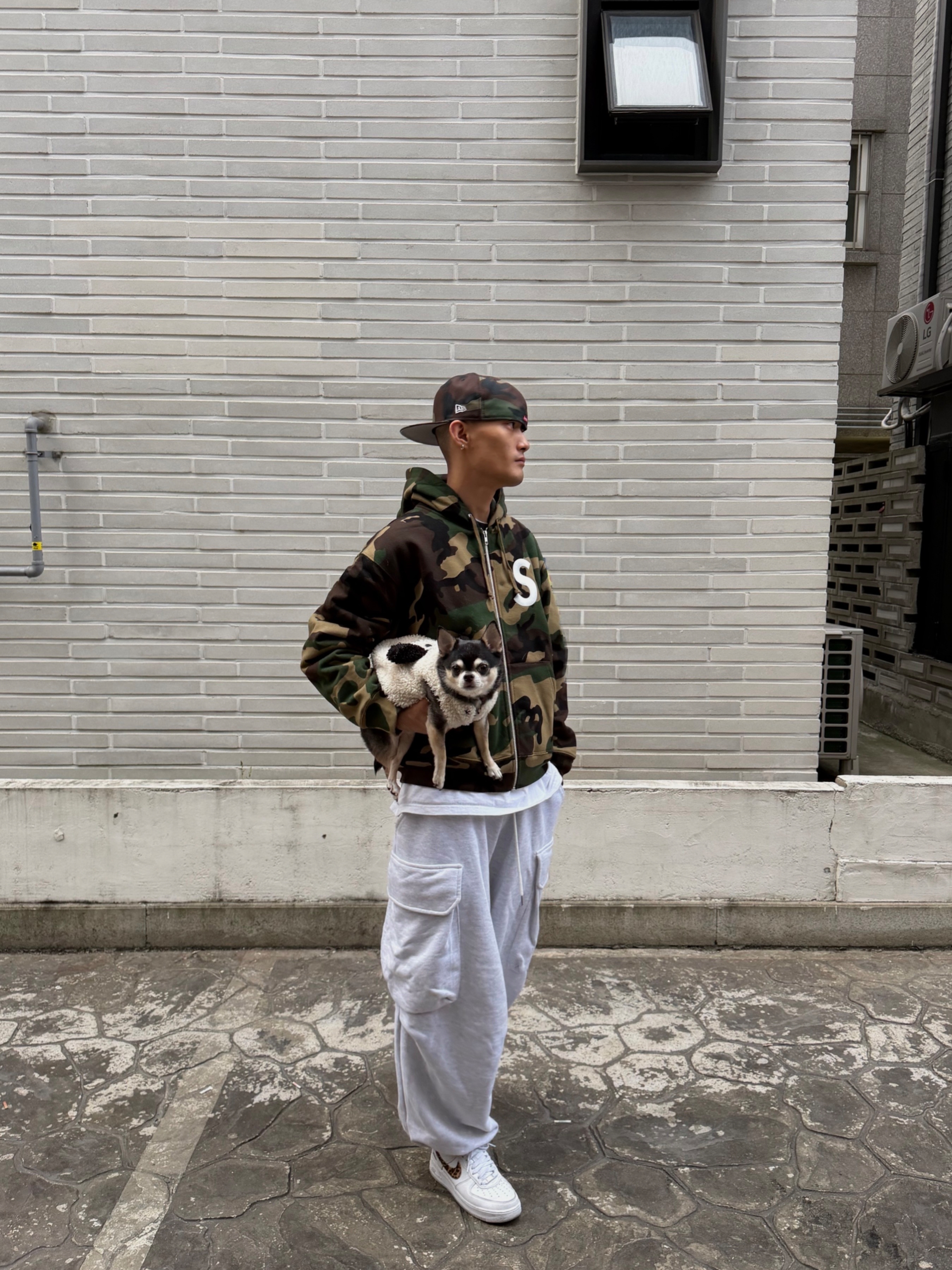 Supreme Swarovski S Logo New Era Woodland Camo - 25FW, Supreme S Logo Zip Up Hooded Sweatshirt Woodland Camo - 25FW 착용 스타일