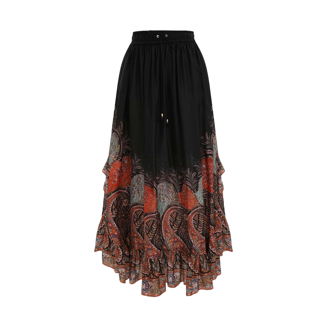 3318SSS251 (W) Zimmermann Rhiannon Ruffle Maxi Skirt Black Paisley