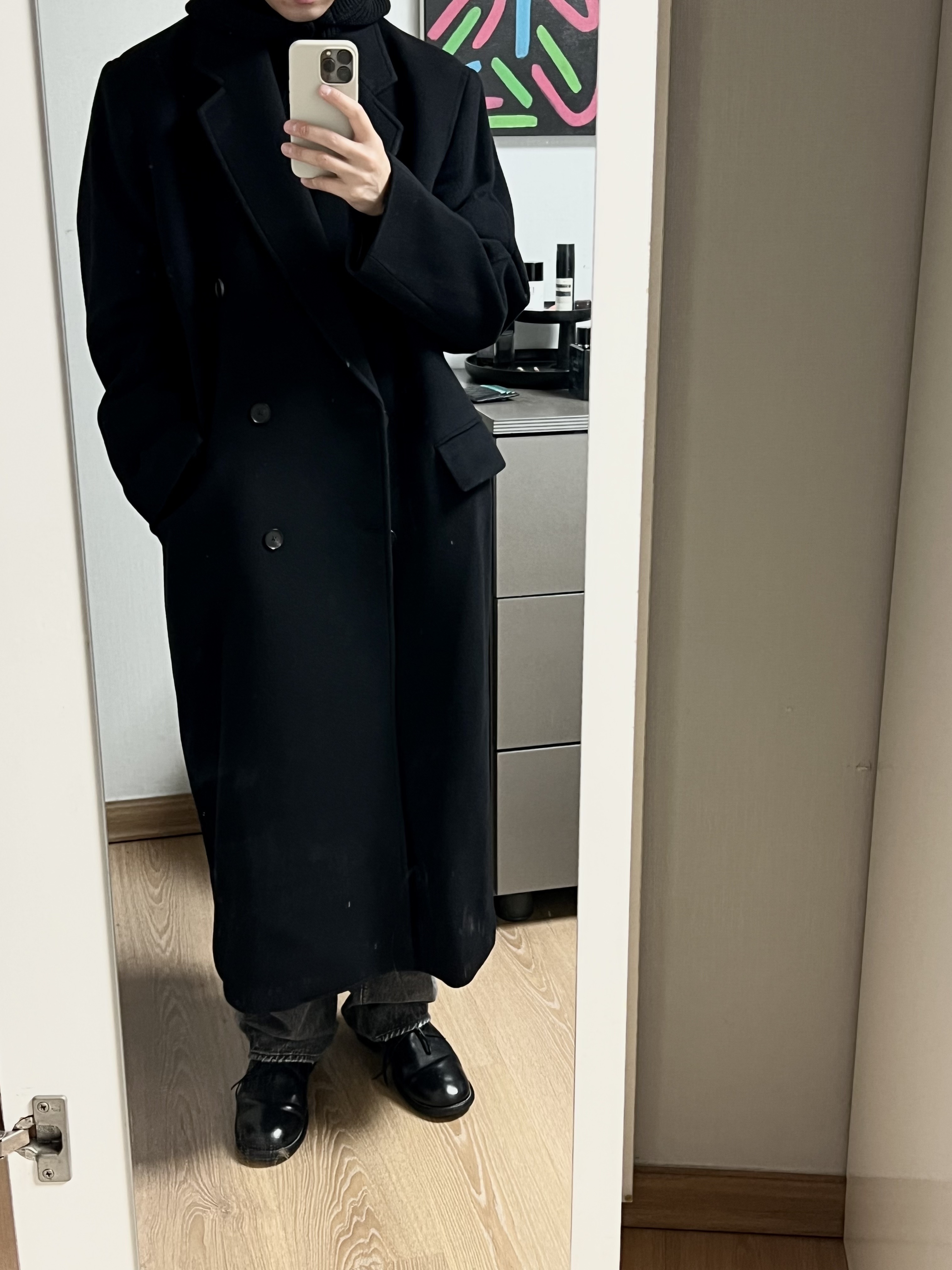 Auralee Super Fine Wool Mosser Chesterfield Coat Black - 24AW, Guidi 992X Horse Full Grain Leather Derby Black 착용 스타일