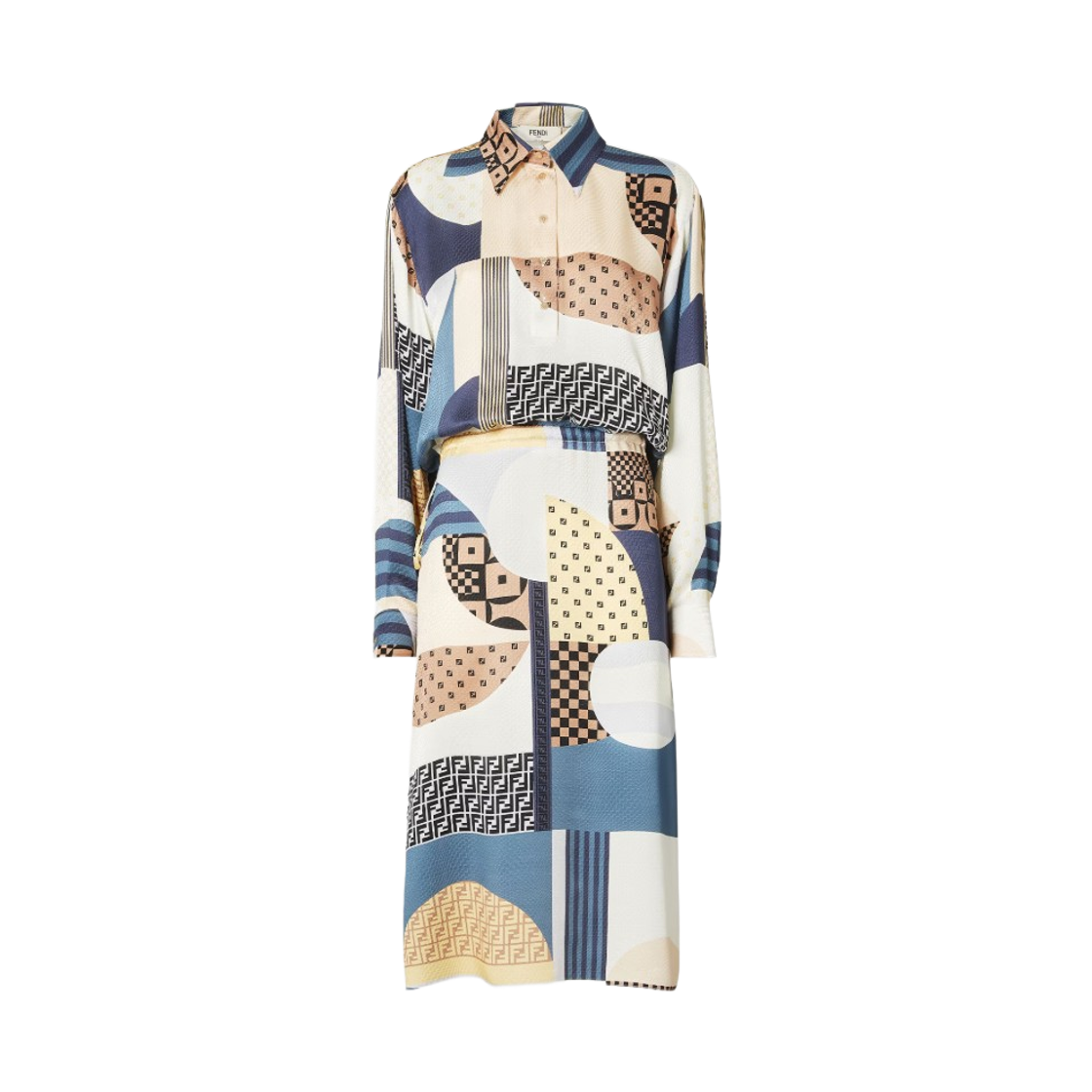 FDD374AUQMF1SAT (W) Fendi Silk Dress with Blue Patchwork Print Multicolor