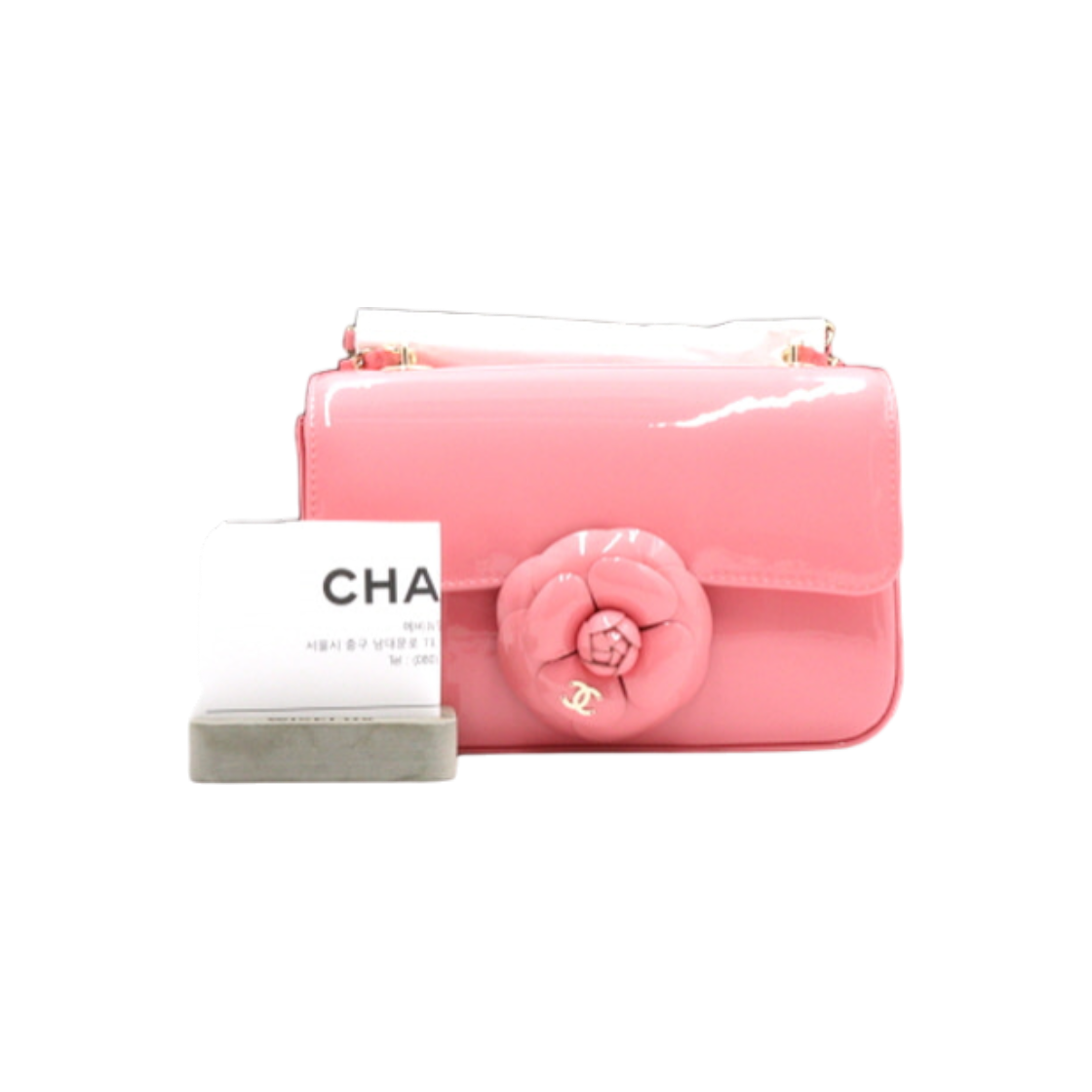ITI89RDCOQ5U Chanel 23-24 Season Coral Pink Patent Camellia Small Flap Gold Chain Crossbody Bag