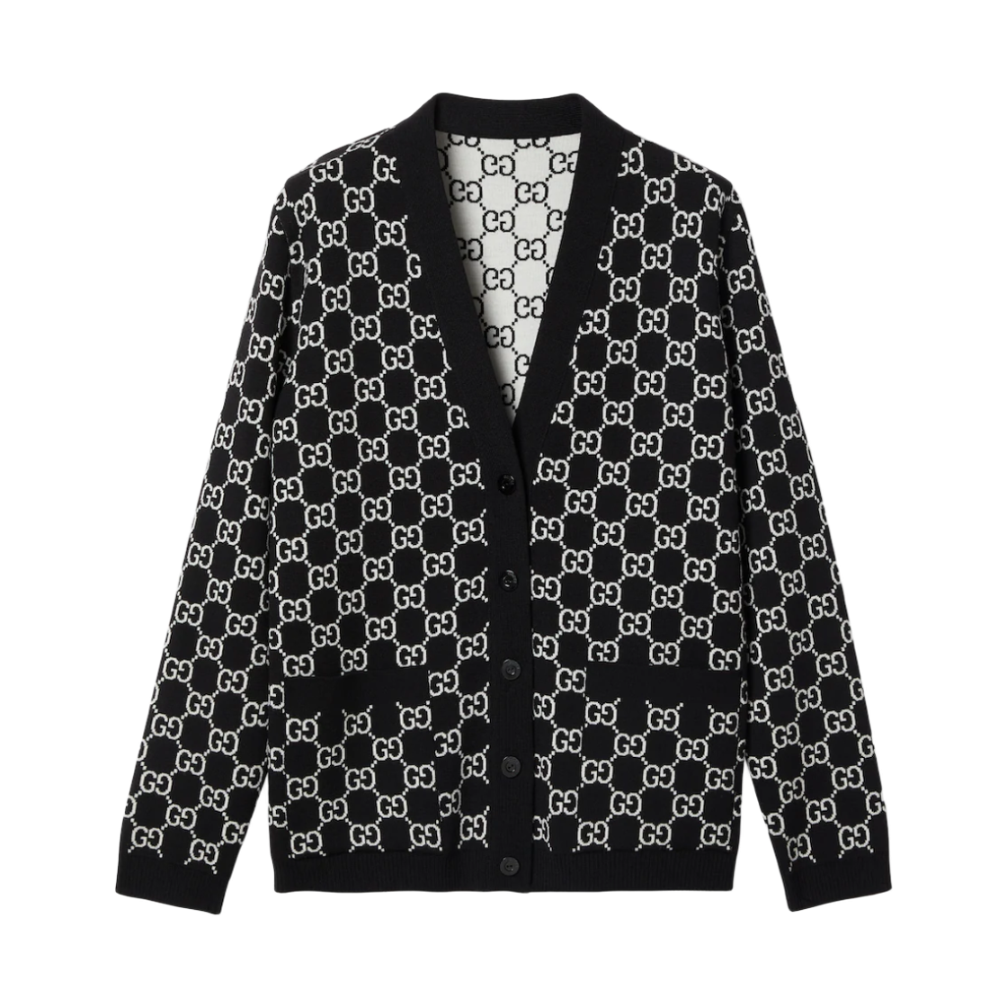 (W) 구찌 리버서블 GG 울 자카드 가디건 블랙 화이트((W) Gucci Reversible GG Wool Jacquard Cardigan Black White)