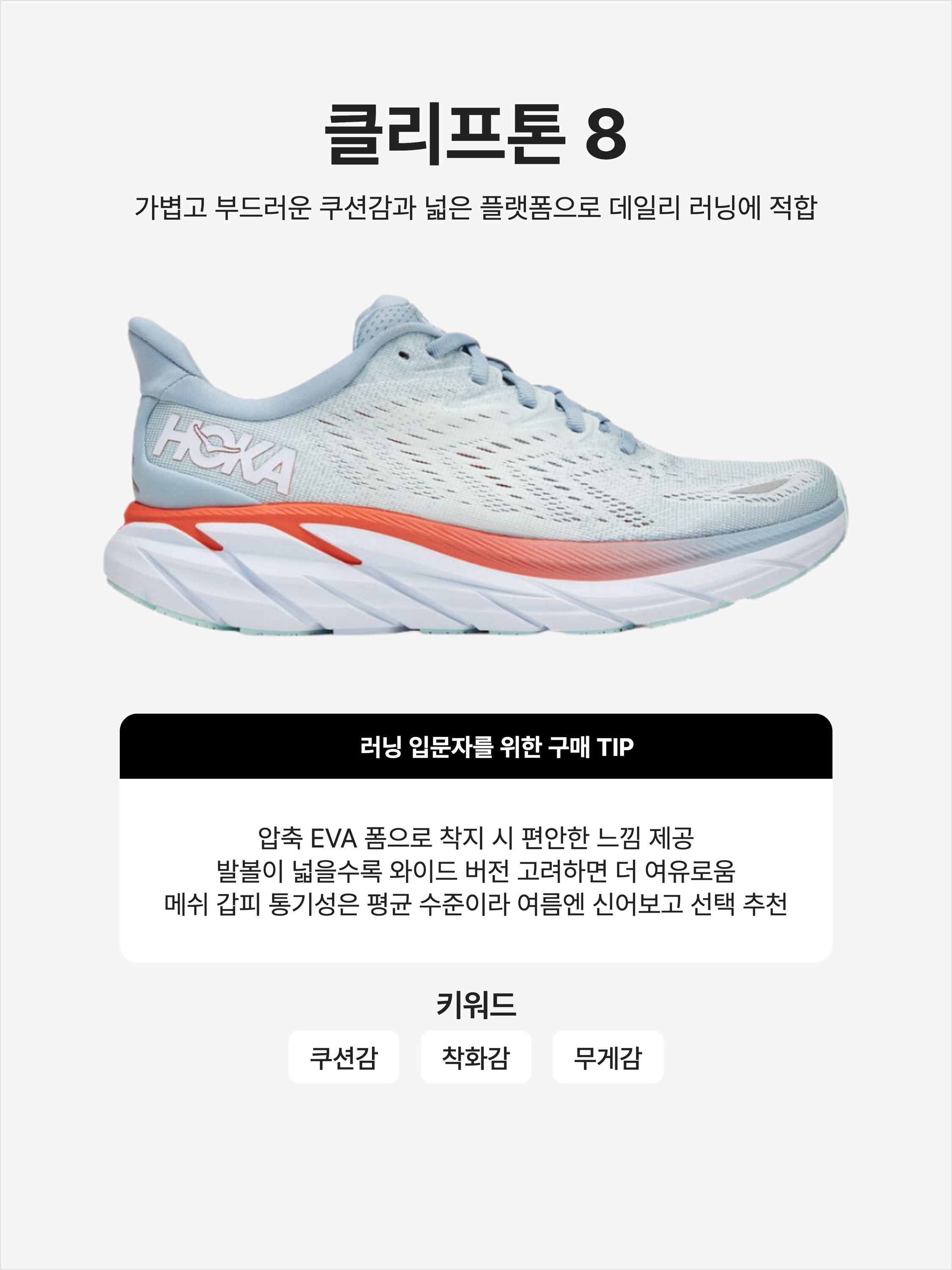 (W) Hoka Clifton 8 Blue Fog Plein Air, (W) Hoka Clifton 8 White 착용 스타일 - 1
