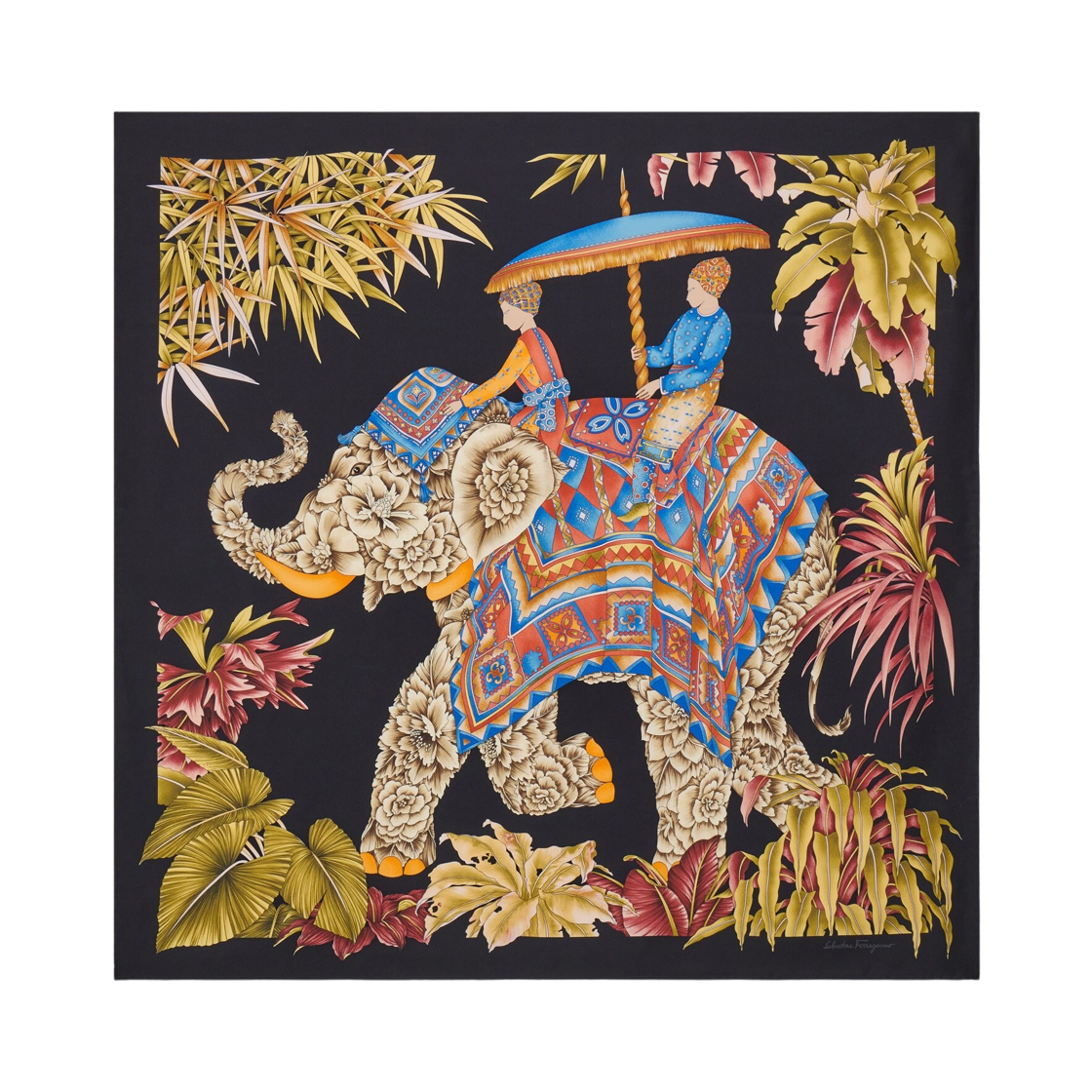 310118-756257 (W) Ferragamo India Print Silk Scarf Black Bluette