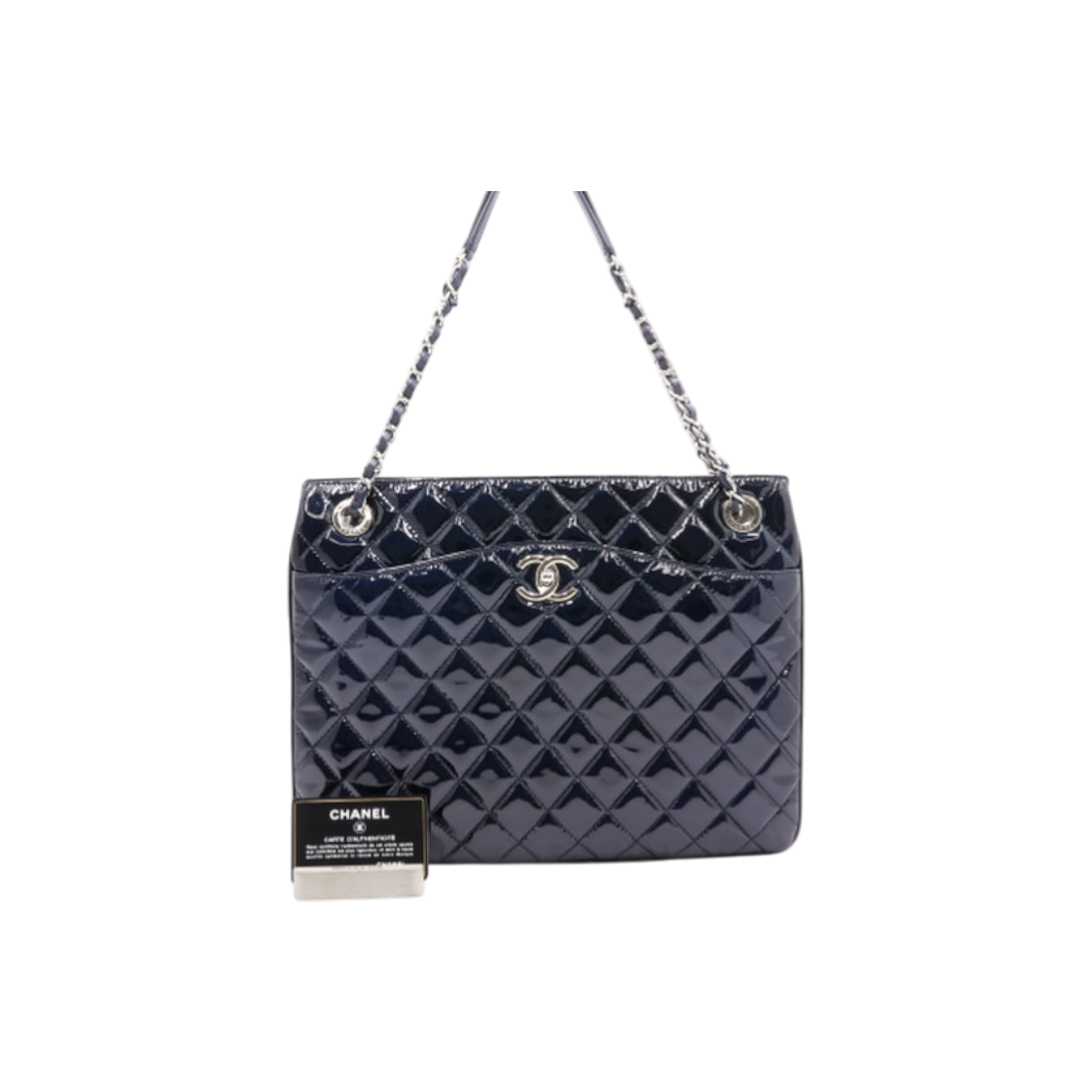 IT26WGM4G4M2 Chanel CC Accordion Navy Patent Quilted Shopper Chain Shoulder Bag