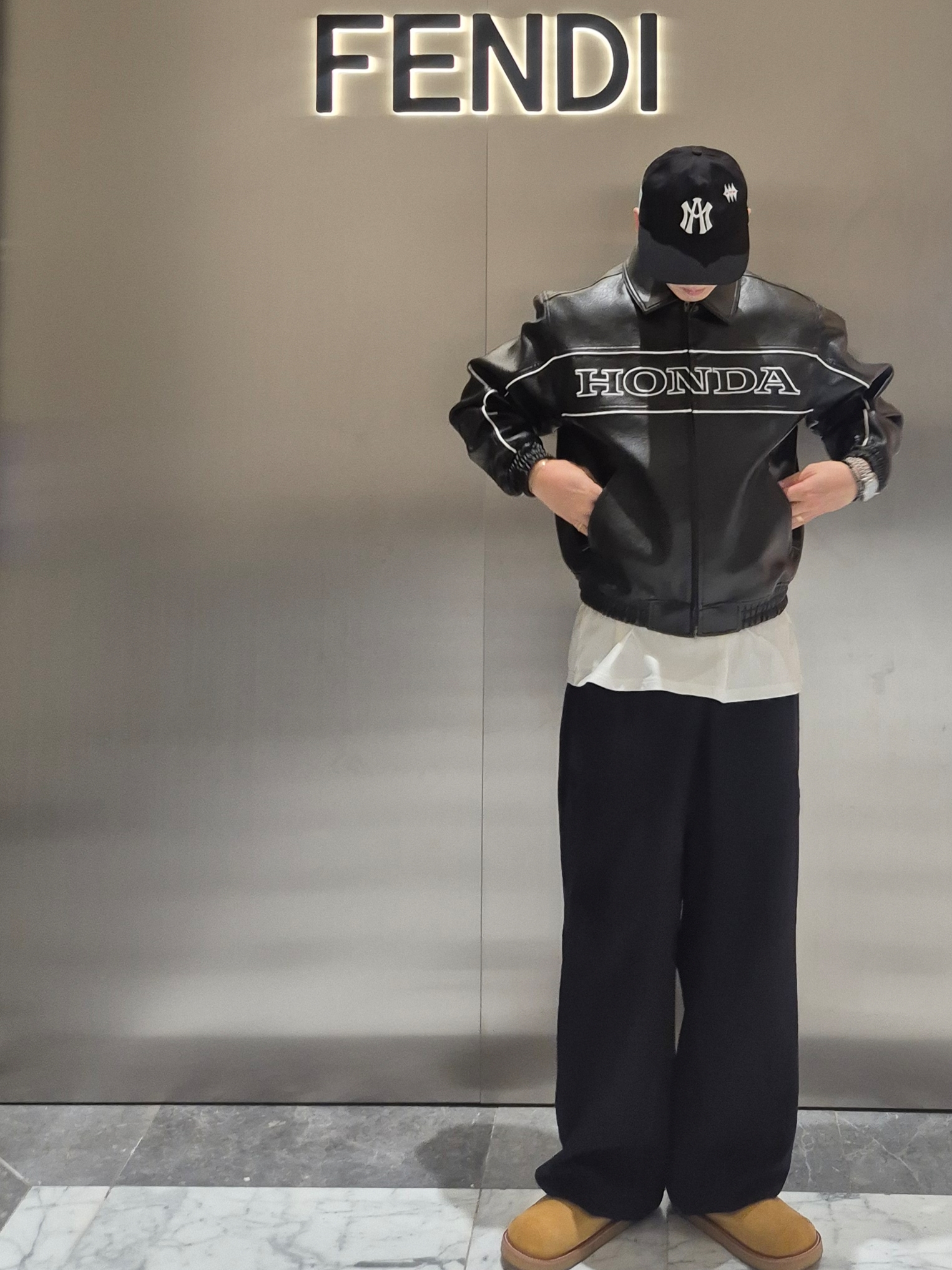 Aftermath Atm Logo Ball Cap Black, Honda Motorcycle Piping Leather Jacket Black 착용 스타일