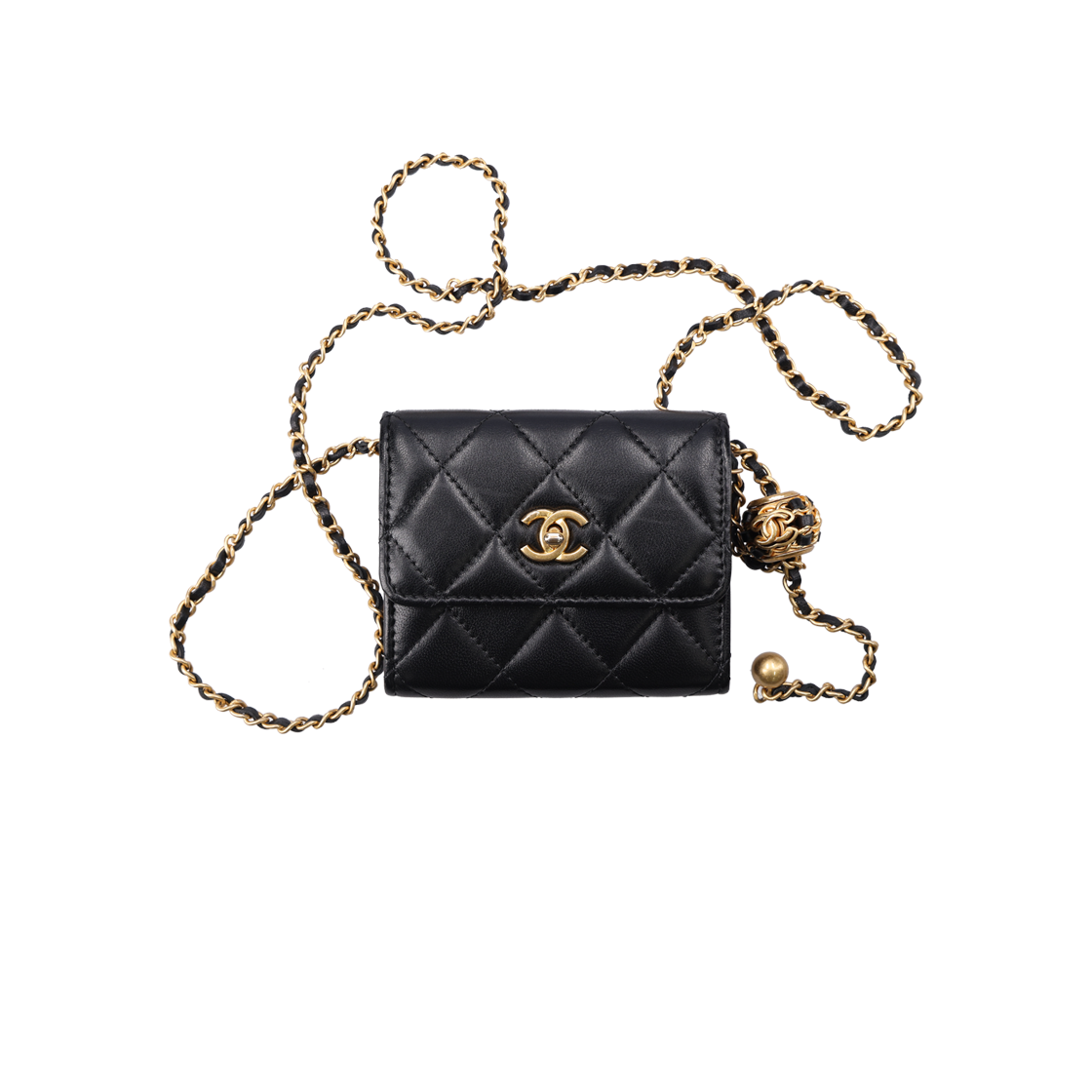 ITNCRWQF548G Chanel AP2704 Golden Ball Chain Mini Bag - Black Leather with Gold Hardware